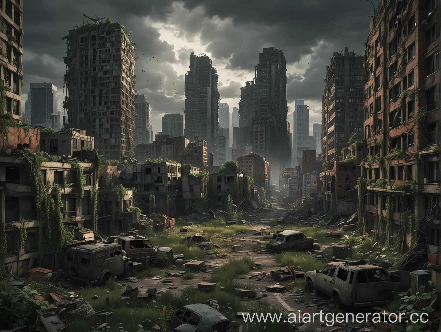 фотореалистичное изображение разрушенного, заросшего, постапокалиптического, города в стиле одни из нас. видно много высоток, некоторые из них повалены. видно много зданий. в городе ночь 