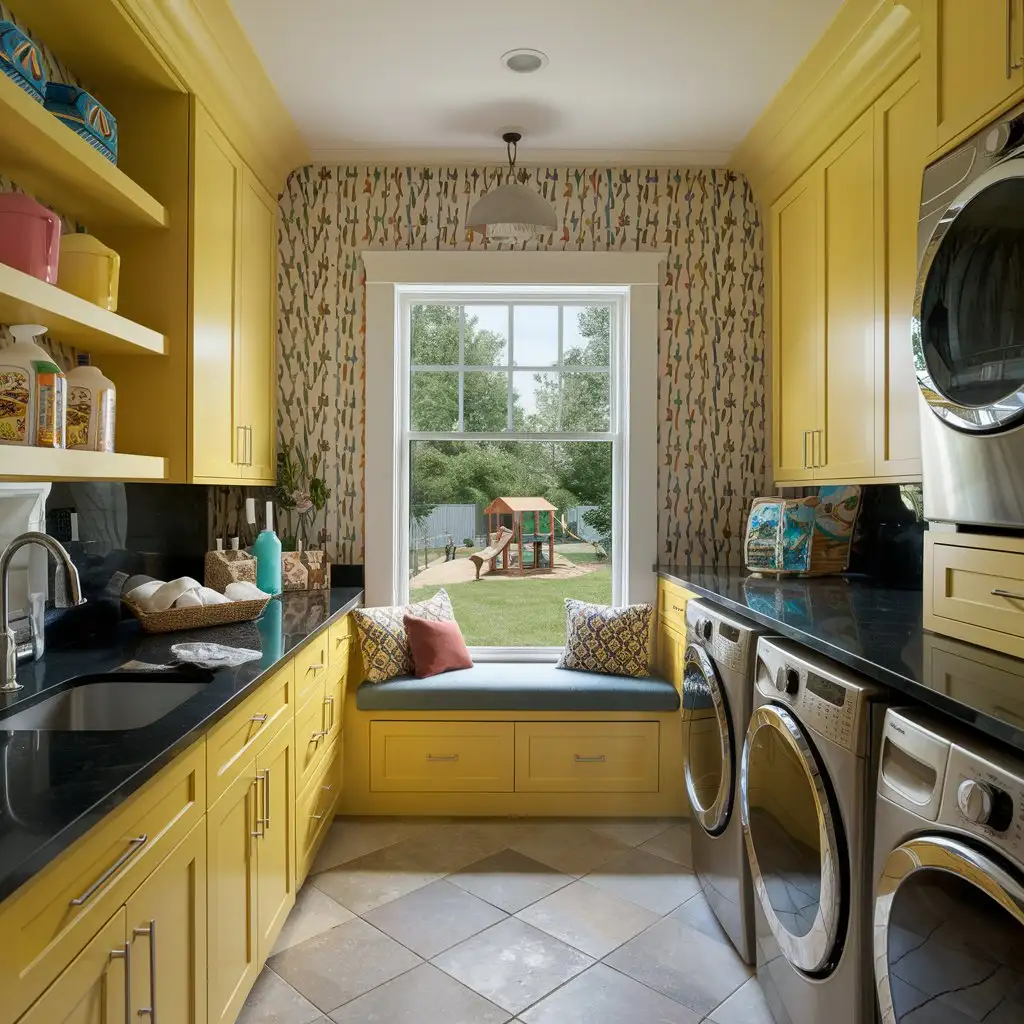 very wide shot of A modern and vibrant laundry room with yellow cabinets, a black quartz countertop, and stainless steel appliances. The space includes open shelves with color-coordinated detergents and decorative items. A large window offers a view of the backyard playground, and the room features playful patterned wallpaper and a built-in ironing board."