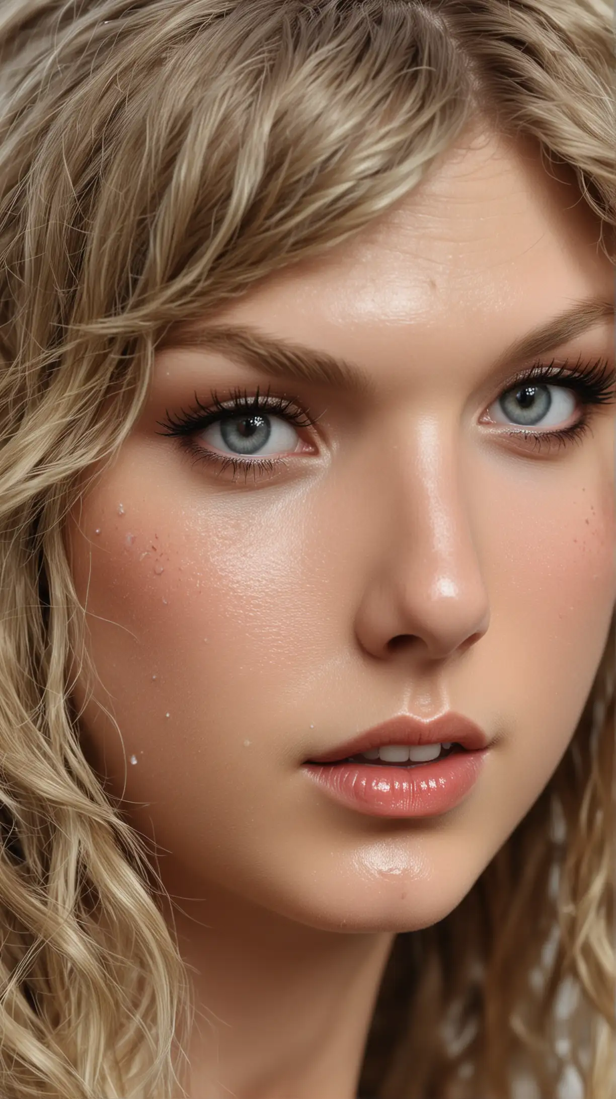 taylor swift, elle a un liquide blanchatre, translucide et gluant sur le visage, photographie, réaliste