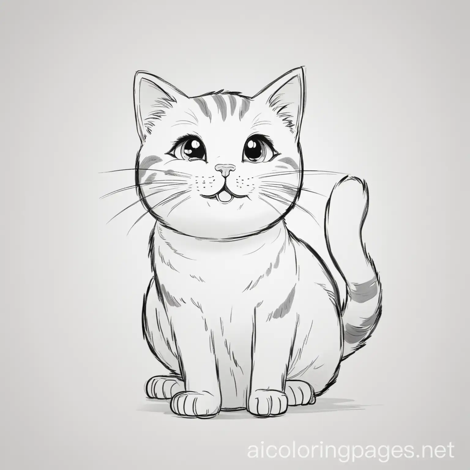 happy cat, Coloring Page, black and white, line art, white background, Simplicity, Ample White Space. The background of the coloring page is plain white to make it easy for young children to color within the lines. The outlines of all the subjects are easy to distinguish, making it simple for kids to color without too much difficulty