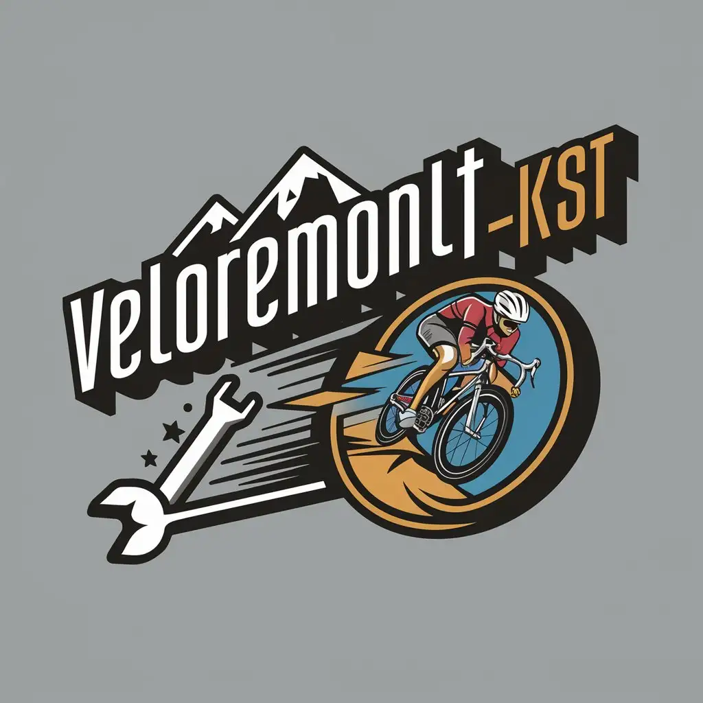 a logo design,with the text "VELOREMONT_KST", main symbol:Colored Logo bike descends mountain speed, wrench key background,Moderate,clear background