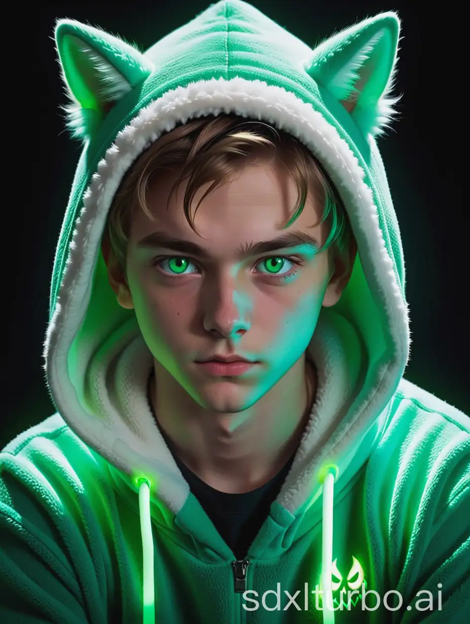 teenager, fur-trimmed hoodie, green glowing eyes, fluffy fleece