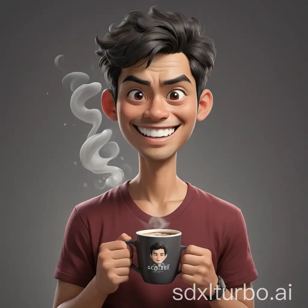 4D realistic cartoon style caricature with big head. A 20 year old Asean man with short black skippy hair and white skin smiled brightly. He has large, expressive eyes and is holding a black cup with "COFFEE" written in white with smoke rising above it. He was wearing a dark red V-neck T-shirt. The background is a gray gradient, and the image has a watermark in the upper left corner that says "Kelly-AI". Back lighting.