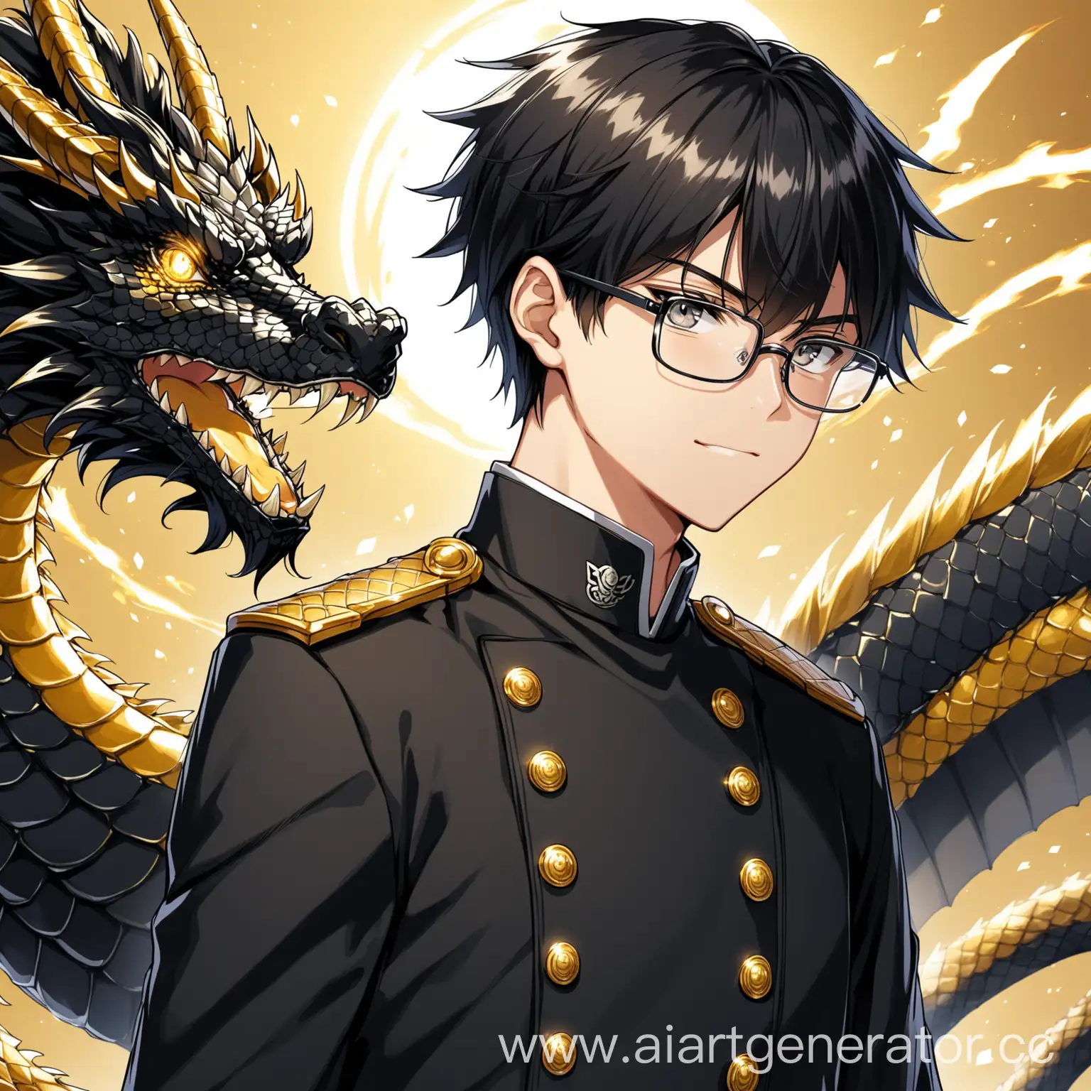 A 17-year-old guy with short black hair and gray eyes wearing glasses dressed in a black uniform and behind the guy is a black and gold dragon