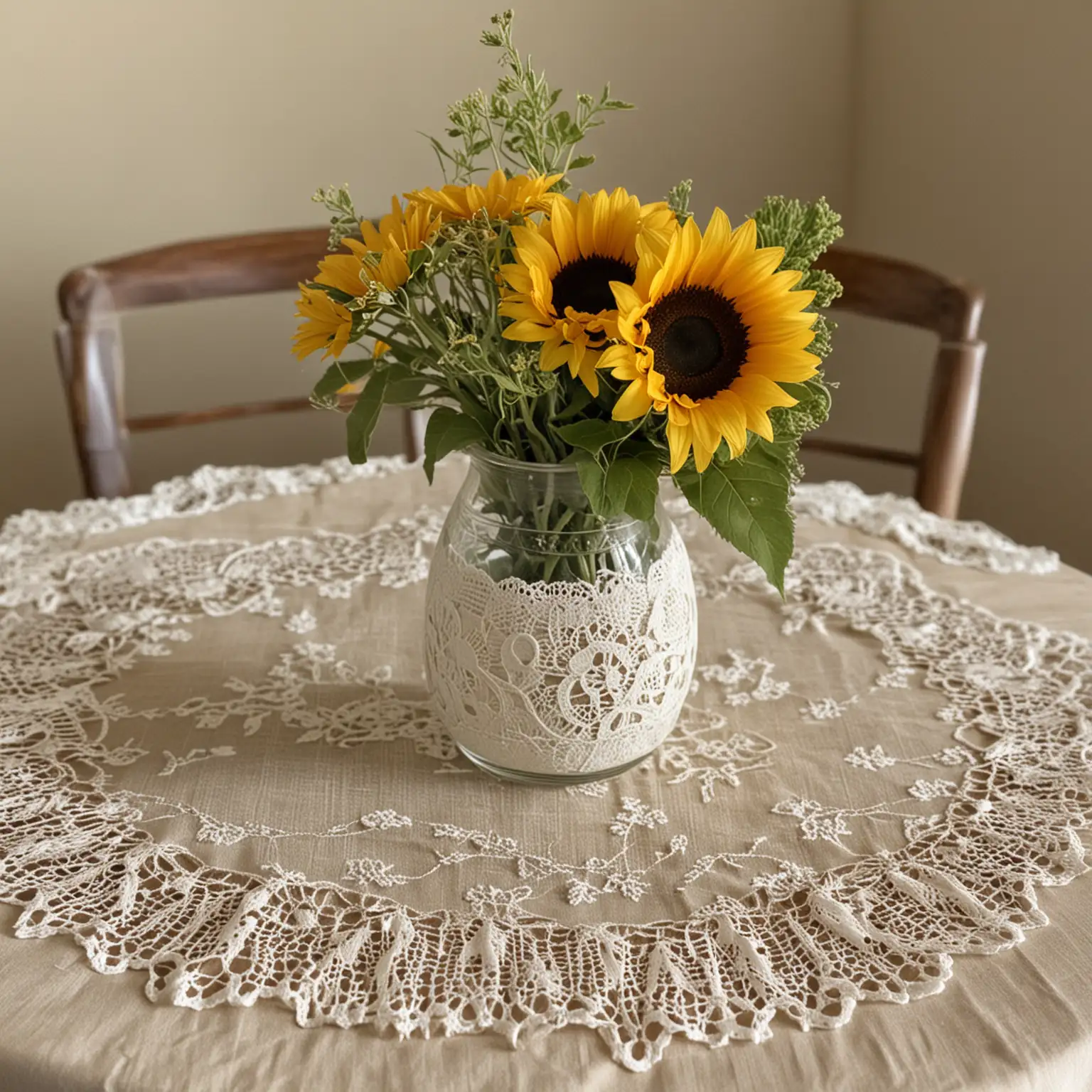 small and simple vintage centerpiece with antique vase setting on a vintage lace placement with sunflowers