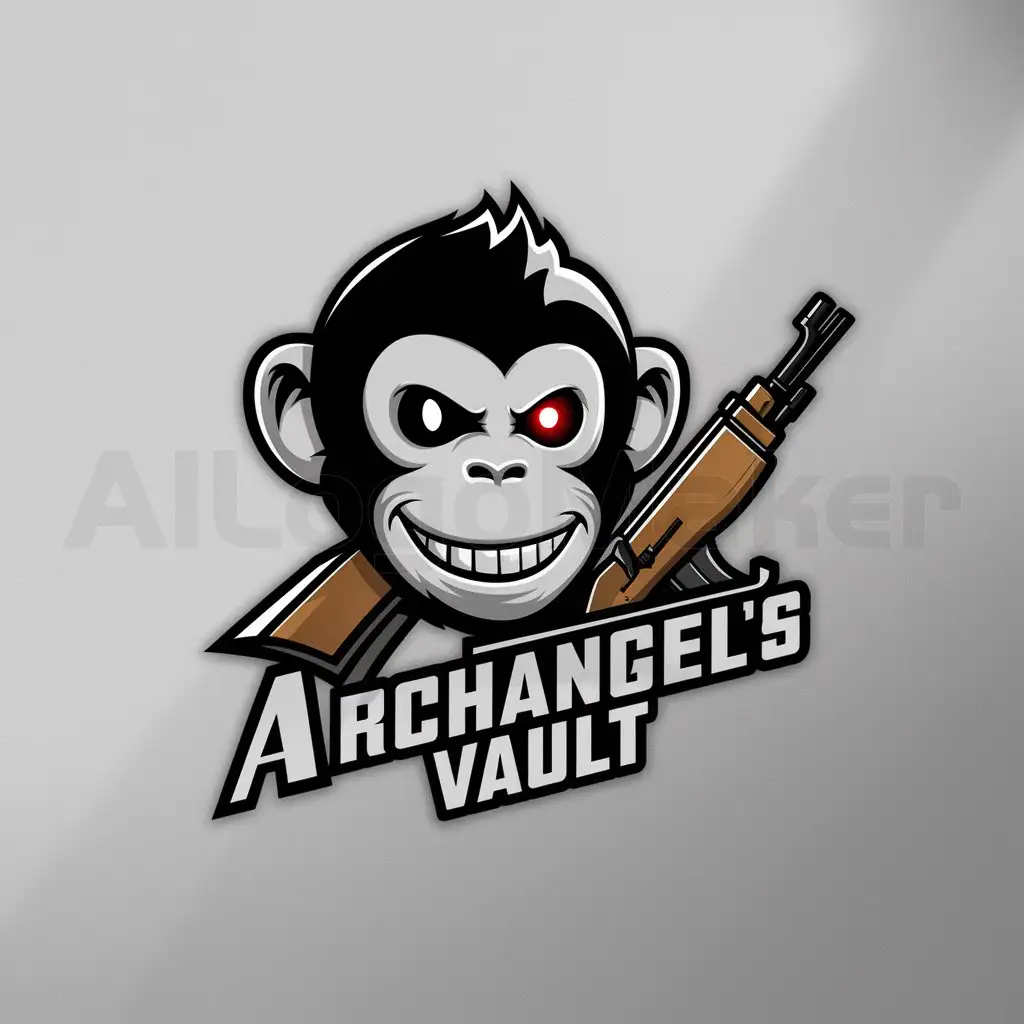 a logo design,with the text "Archangel's Vault", main symbol:Mischievous smiling monkey, black eyes, one red eye. Holding AK-47 rifle,Moderate,clear background