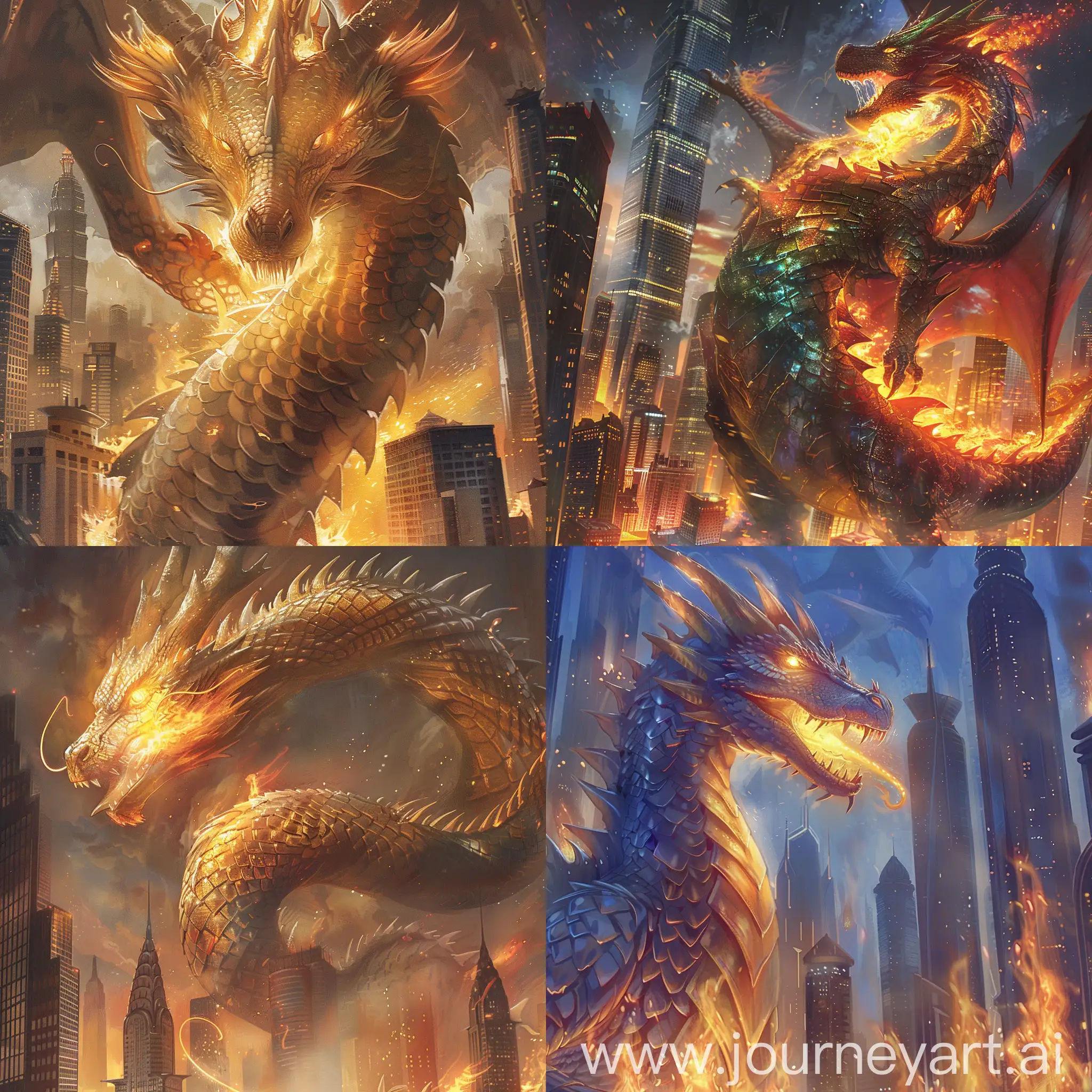 towering dragon with scales reflecting the glimmer of skyscrapers, exhaling flames infused with the spirit of invention and the mosaic of cultures.