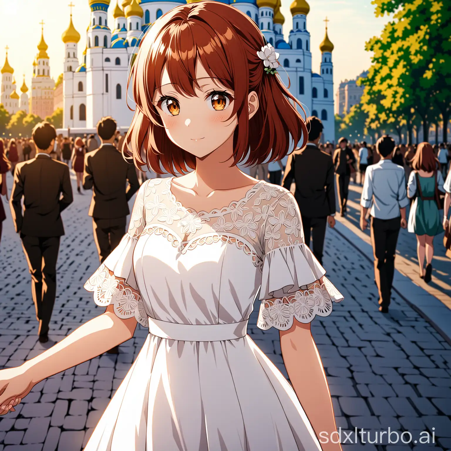 An anime girl with reddish-brown hair in a white floral dress holds my hand, only my hand is visible in the frame, and in the background is Kiev.