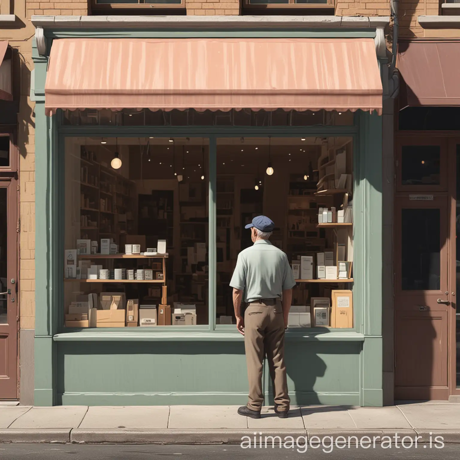 Wide shot of the shopkeeper looking out the window outside his store, on the sidewalk. The shopkeeper is slightly older, with thinning hair, wearing a cap, and of short stature. Minimalist vectorized animation-style drawing, in color and 3D.