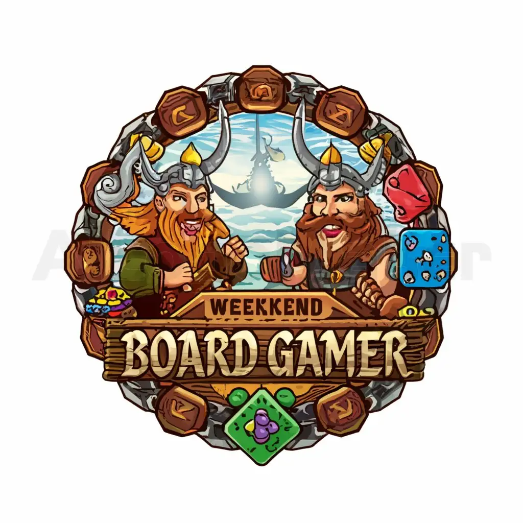 a logo design,with the text "Weekend Board Gamer", main symbol:Viking Mascots playing board games on a viking ship,complex,clear background