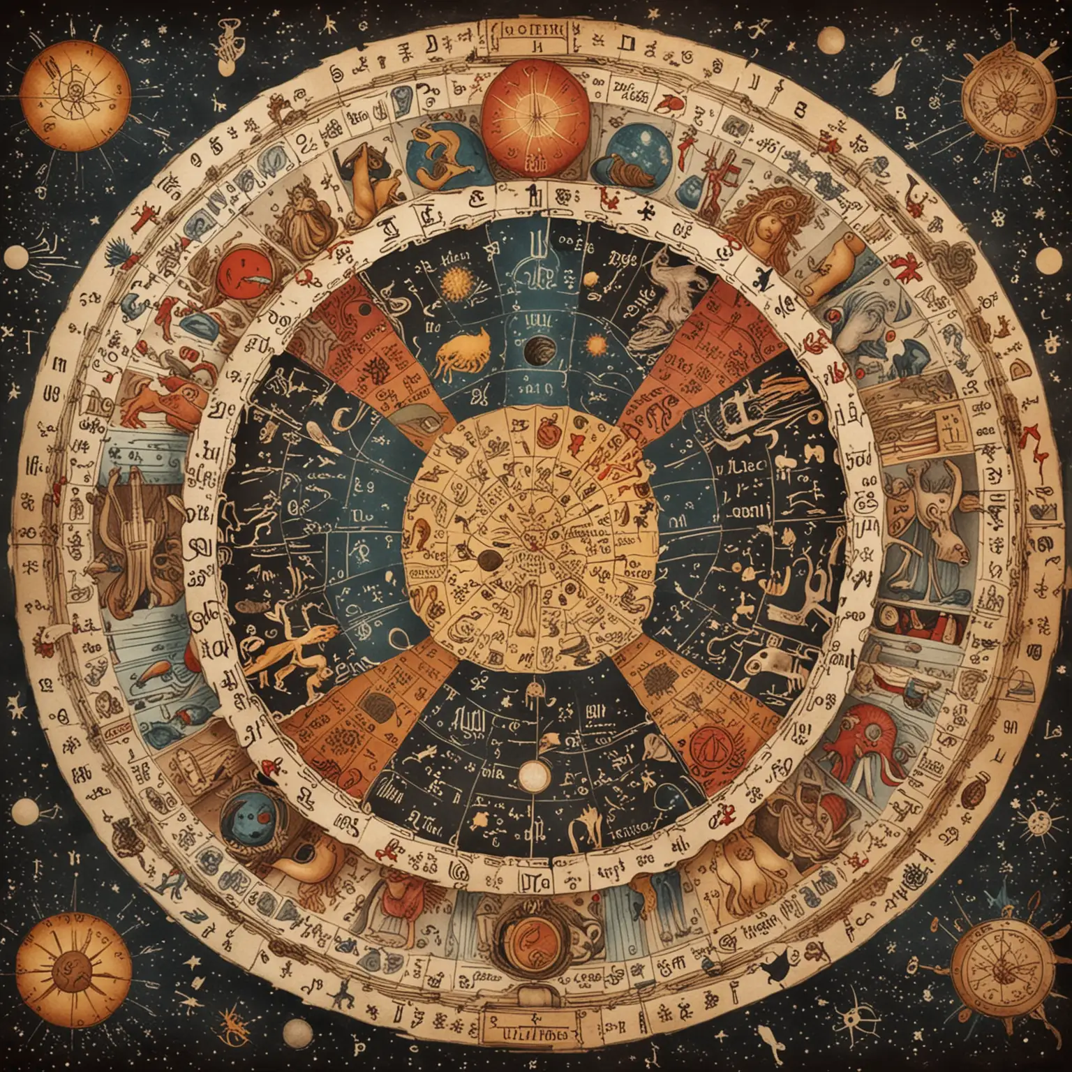 cosmic occult wheel diagram showing twelve points with all the signs of the zodiac