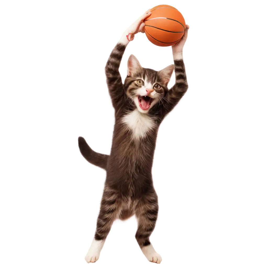 a kitten slam-dunking a hamburger into a basketball hoop that is an onion ring