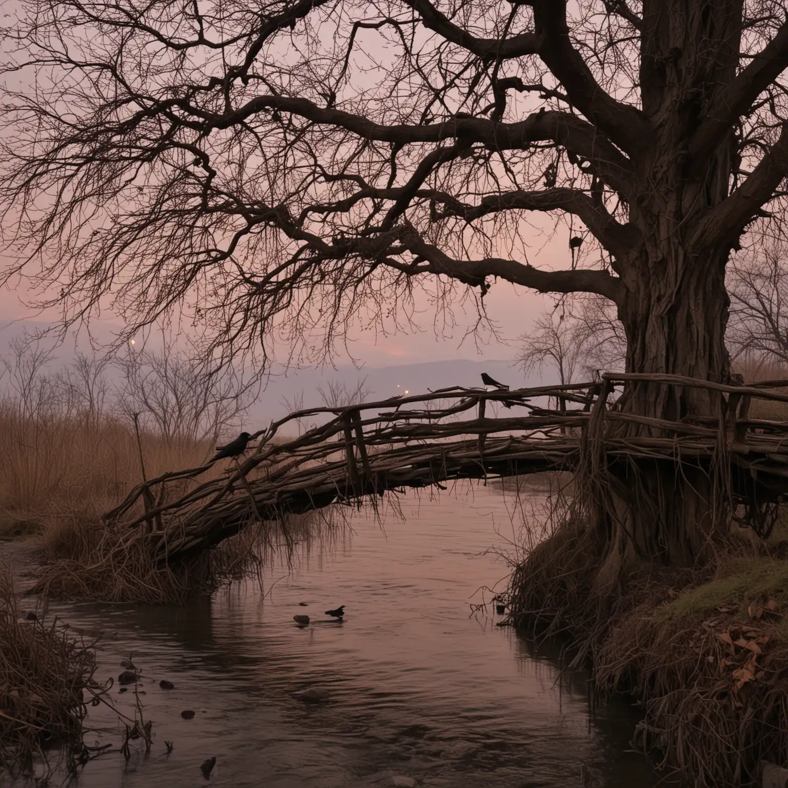 Dusk-Scene-with-Withered-Vine-Old-Tree-Raven-Little-Bridge-and-Flowing-Water-Home