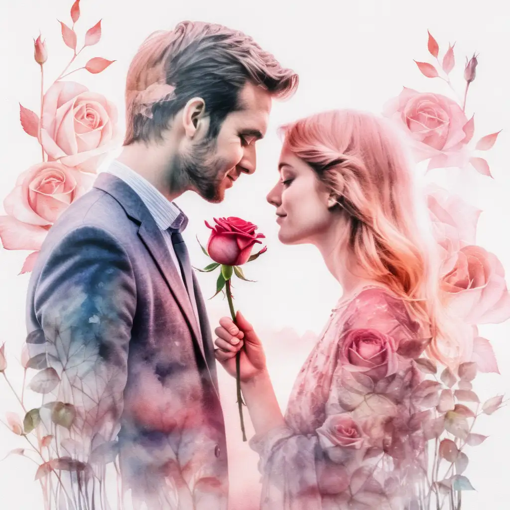 Romantic Double Exposure Rose and Smitten Couple in Watercolor