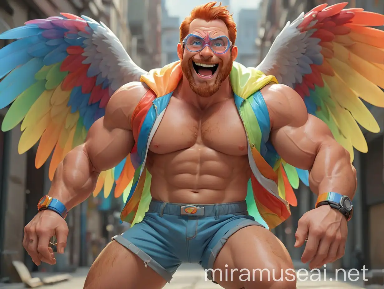 Big Sharp Eyes Smart Subtle smile Ultra Beefy Red Head Bodybuilder Daddy with Beard Flexing his Big Strong Arm Wearing Multi-Highlighter Bright Rainbow Coloured See Through huge Eagle Wings Shoulder Jacket short shorts Long Muscled legs and Doraemon Goggles on forehead