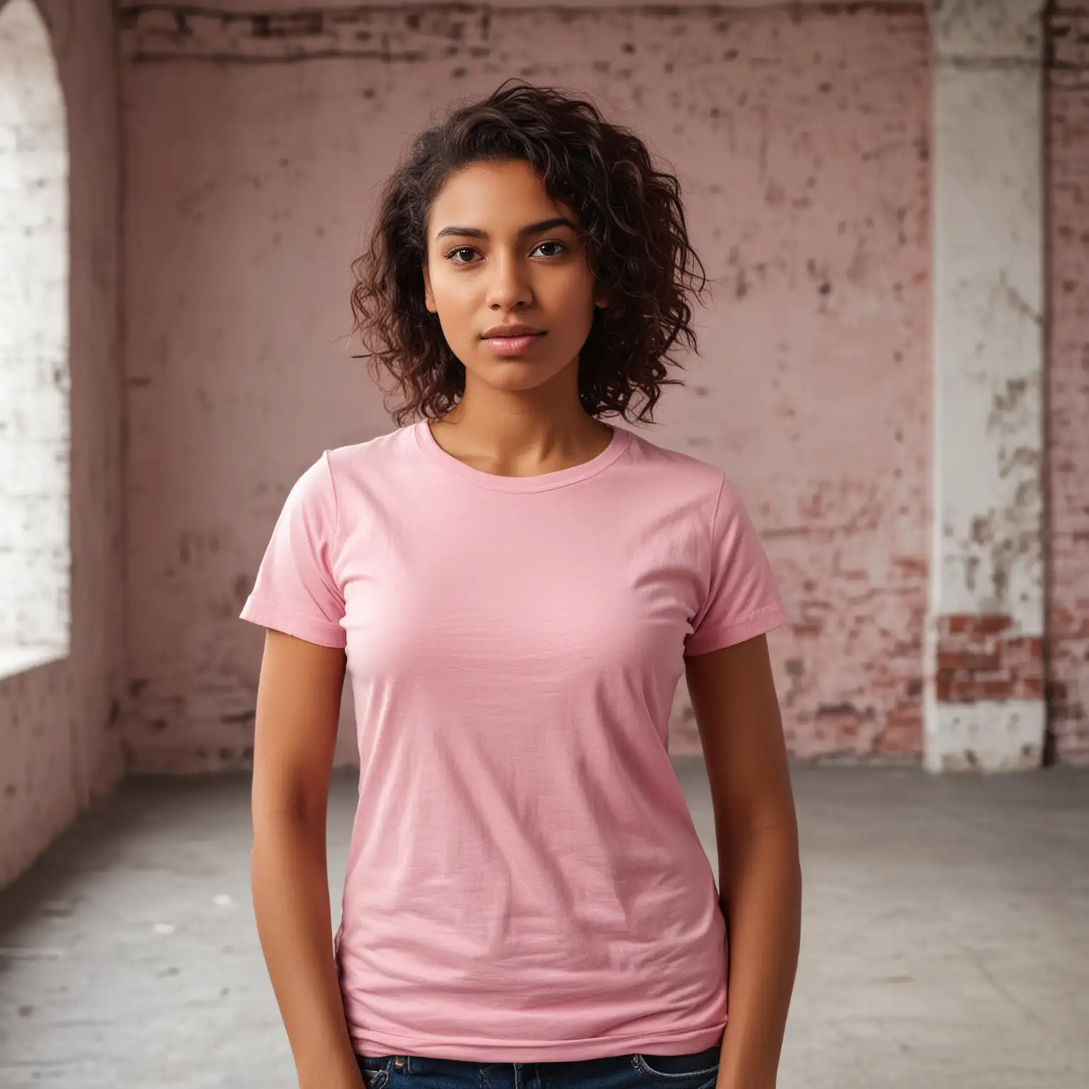 brown woman with an urban background, 
 with a plain pink tee shirt on, empty, room for a design
