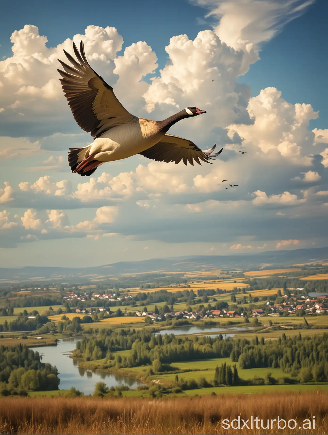 In the rural sky, a big wild goose flies, recording homesickness.