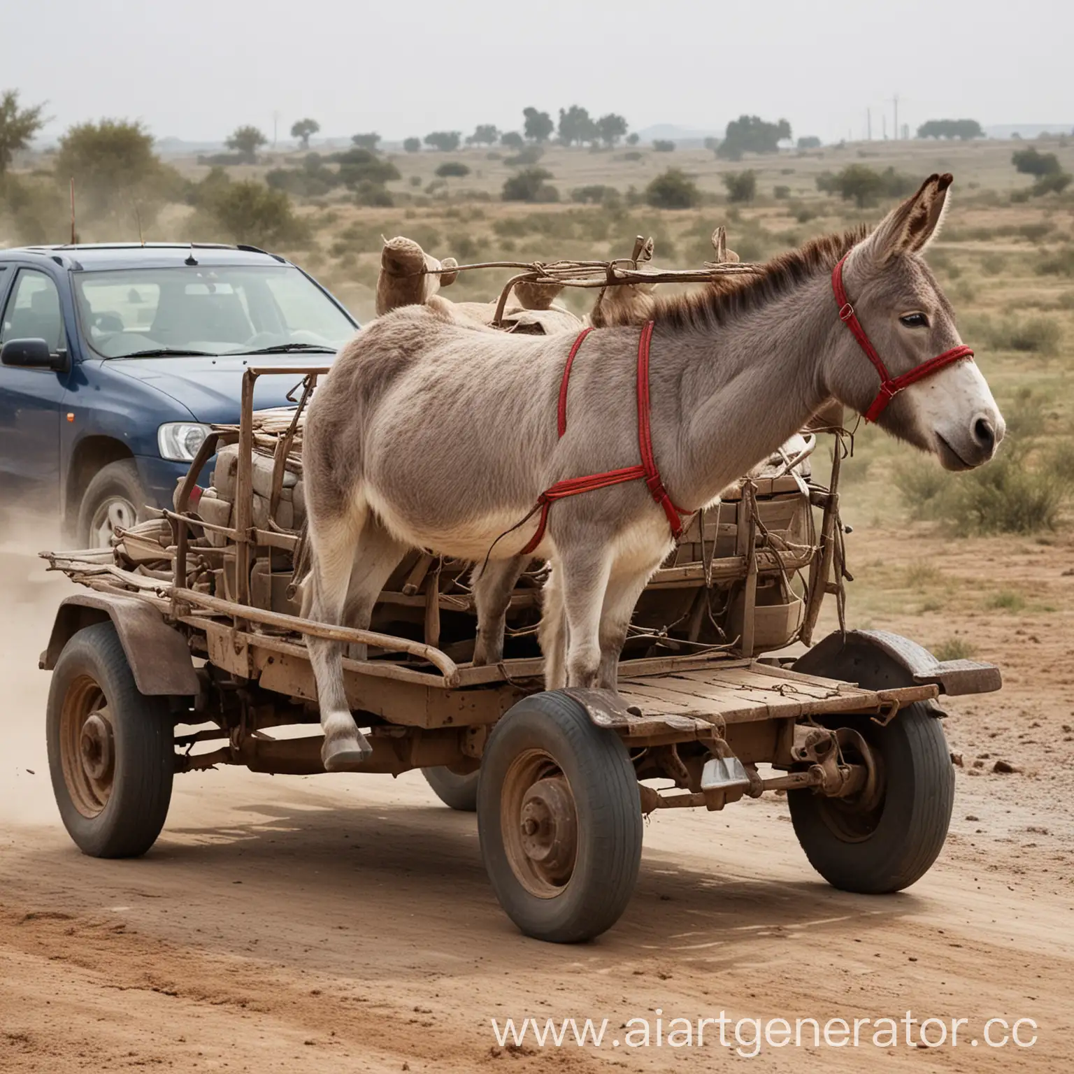 car a donkey drayving

