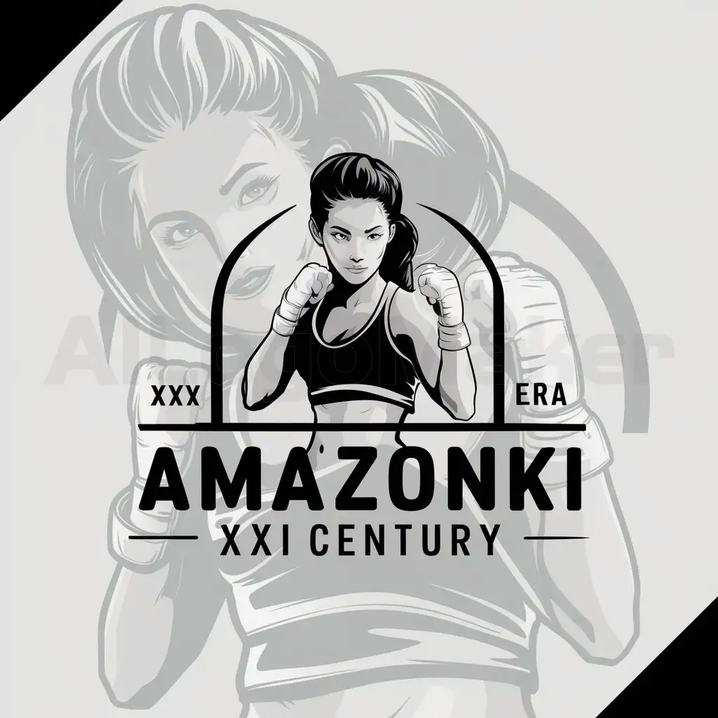 a logo design,with the text "Amazonki XXI century", main symbol:Beautiful girl in combat stance,Moderate,be used in Sports Fitness industry,clear background