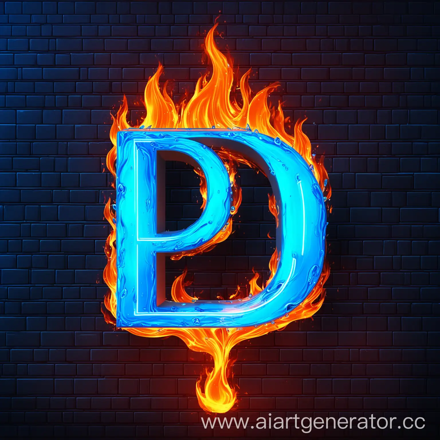 Синяя неоново-водяная буква D на фоне огненной стены