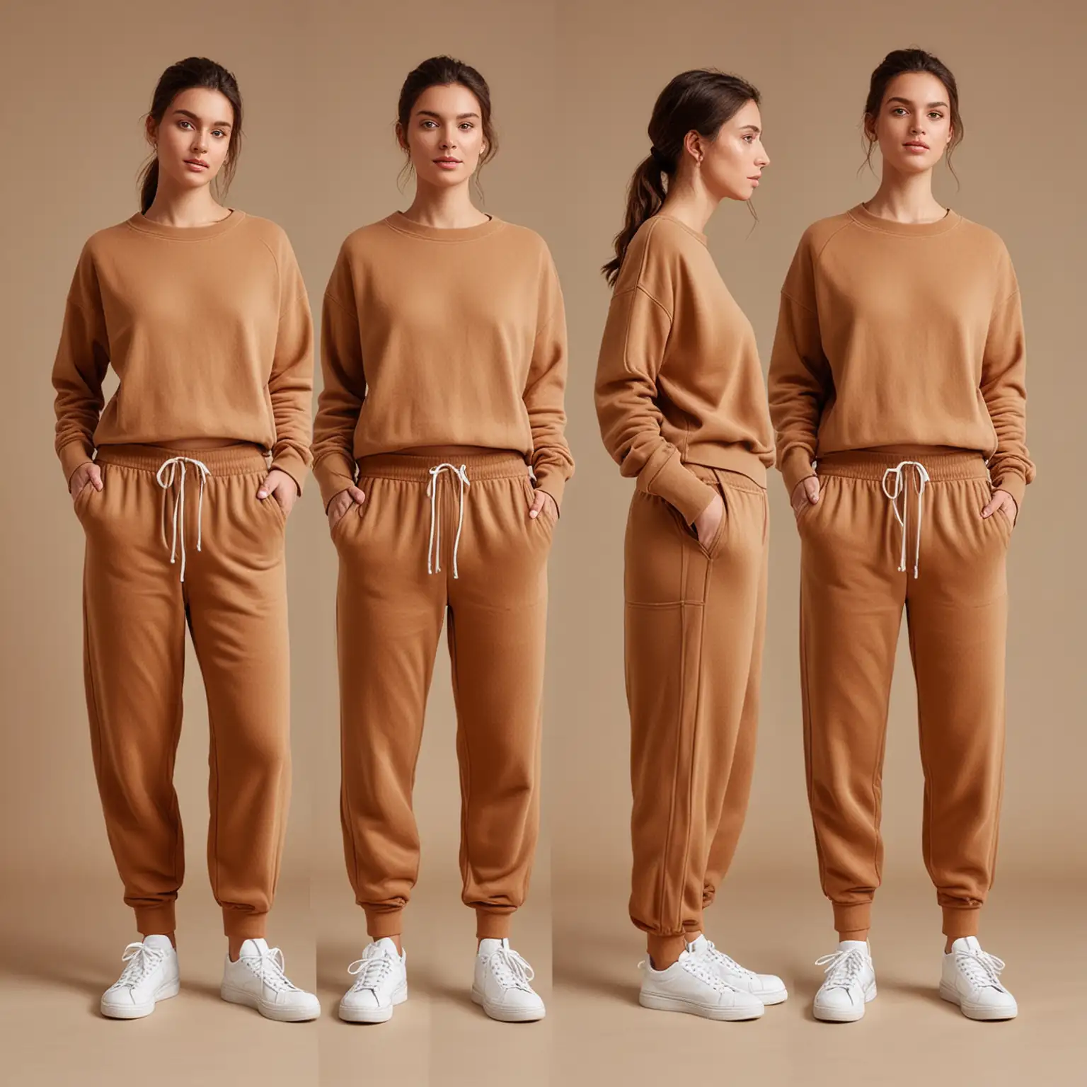 generate image of person wearing brown track pants made of cotton terry from 4 different angles