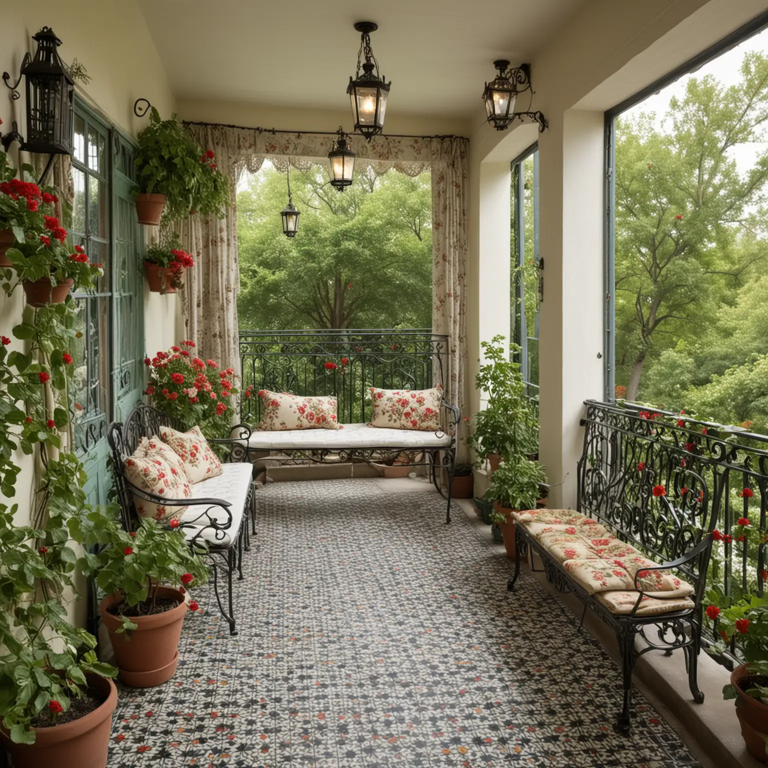 a wide of shot of balcony with patterned floor tiles and wrought-iron railings. The space features a vintage wrought-iron bench with floral cushions, a small wooden table, and a collection of antique lanterns. Potted geraniums and ivy add greenery. Overhead string lights and a hanging chandelier create a warm ambiance. French doors with sheer lace curtains open onto the balcony.
