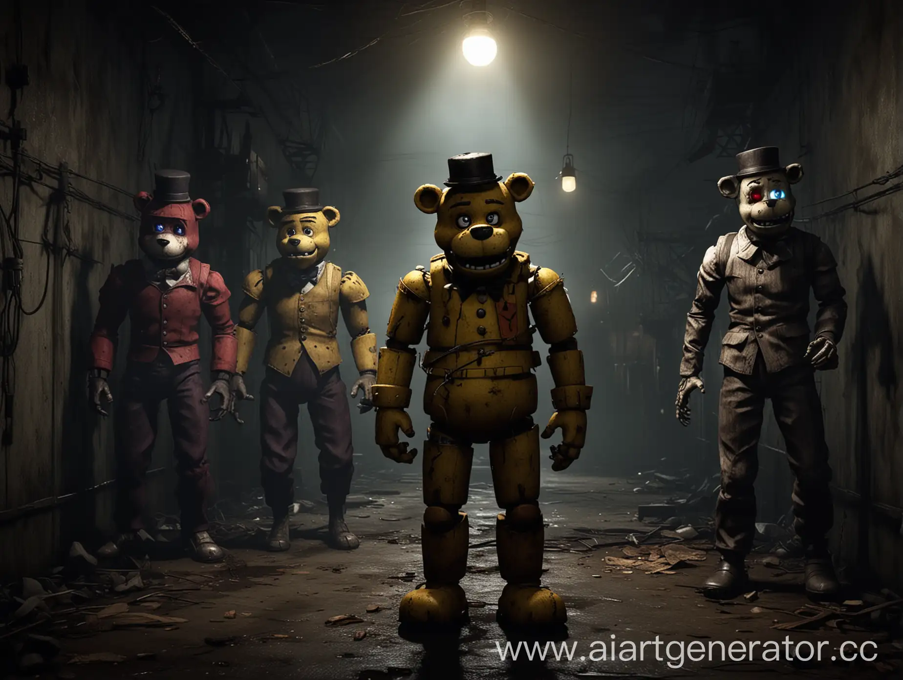 Generate an image for "Animatronics Night: The Seven Trials (Medley)." The scene should depict the animatronics from Five Nights at Freddy's in a dark, eerie setting. Incorporate elements of Electro Swing, Dubstep, EDM, Hard Rock, and Cinematic styles. The atmosphere should be suspenseful and mysterious, with each animatronic (Freddy, Bonnie, Chica, Foxy, Golden Freddy, and the Night Guard) portrayed in a haunting yet captivating manner. Include subtle lighting effects to highlight the tension and drama, blending shadows and light for a dramatic, spooky feel.