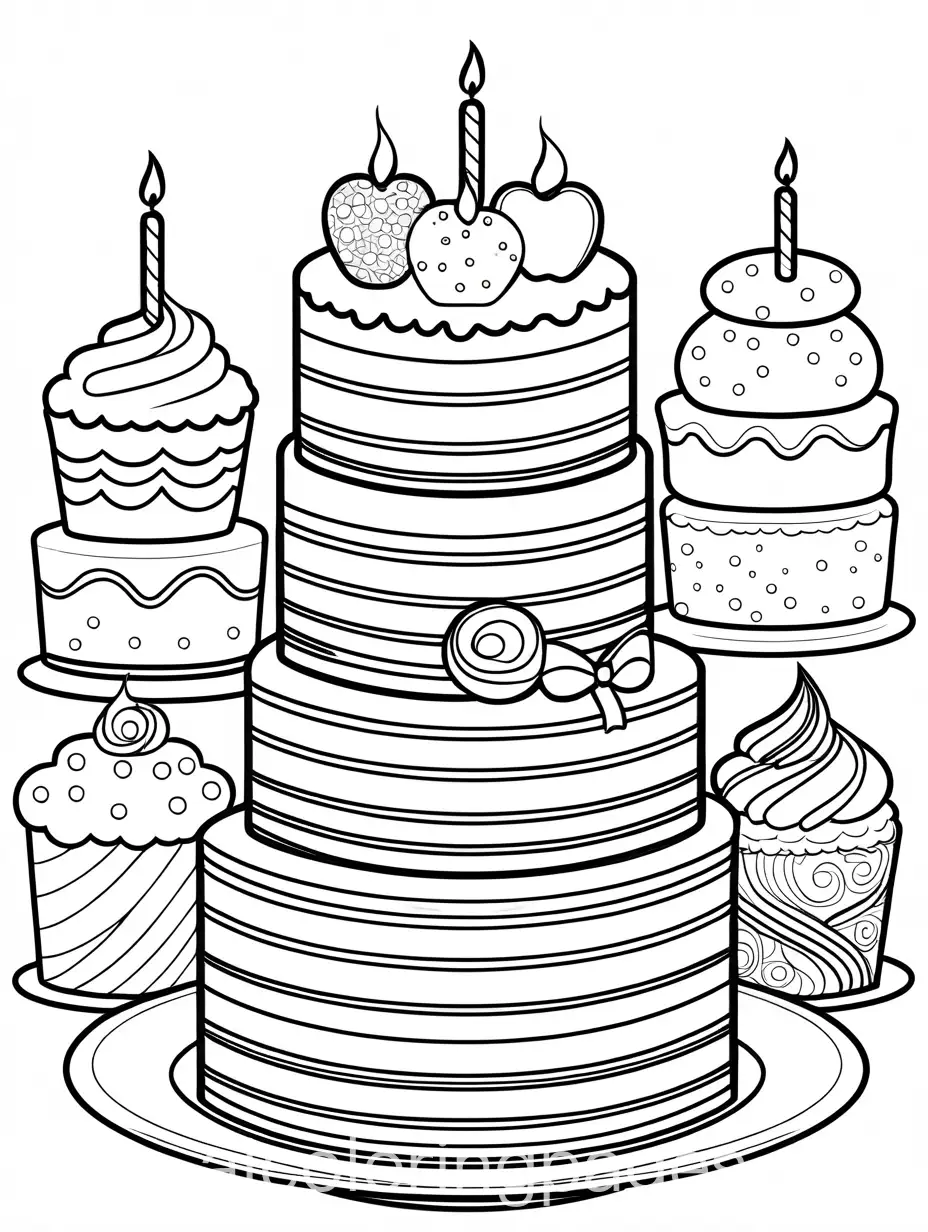 simple line art black and white only of playful cakes. the cakeshas large adorable eyes, Coloring Page, black and white, line art, white background, Simplicity, Ample White Space. The background of the coloring page is plain white to make it easy for young children to color within the lines. The outlines of all the subjects are easy to distinguish, making it simple for kids to color without too much difficulty
, Coloring Page, black and white, line art, white background, Simplicity, Ample White Space. The background of the coloring page is plain white to make it easy for young children to color within the lines. The outlines of all the subjects are easy to distinguish, making it simple for kids to color without too much difficulty