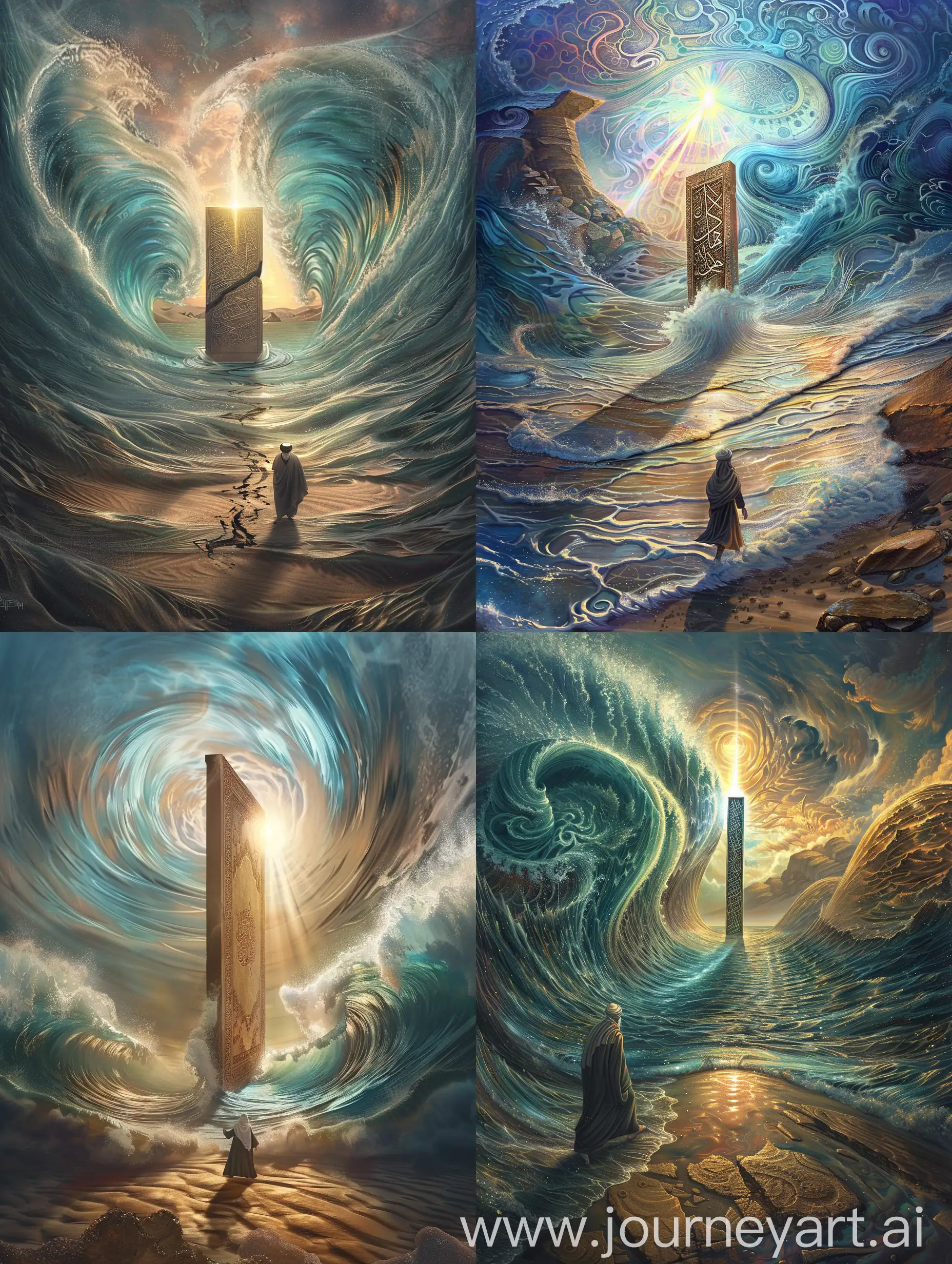 over the shoulder angle of parting of the sea with a wiseman walking on the dry land , with a huge vertically flat rectangular stone in the middle of a majestic light in the sky guiding the man.
huge waves in motion
cinematic, swirling patterns, kaleidoscope of colors.
photorealistic, intricate, islamic
highly detailed, epic composition, epic proportion top quality, best quality, official art, beautiful and aesthetic:1.2 award winning
