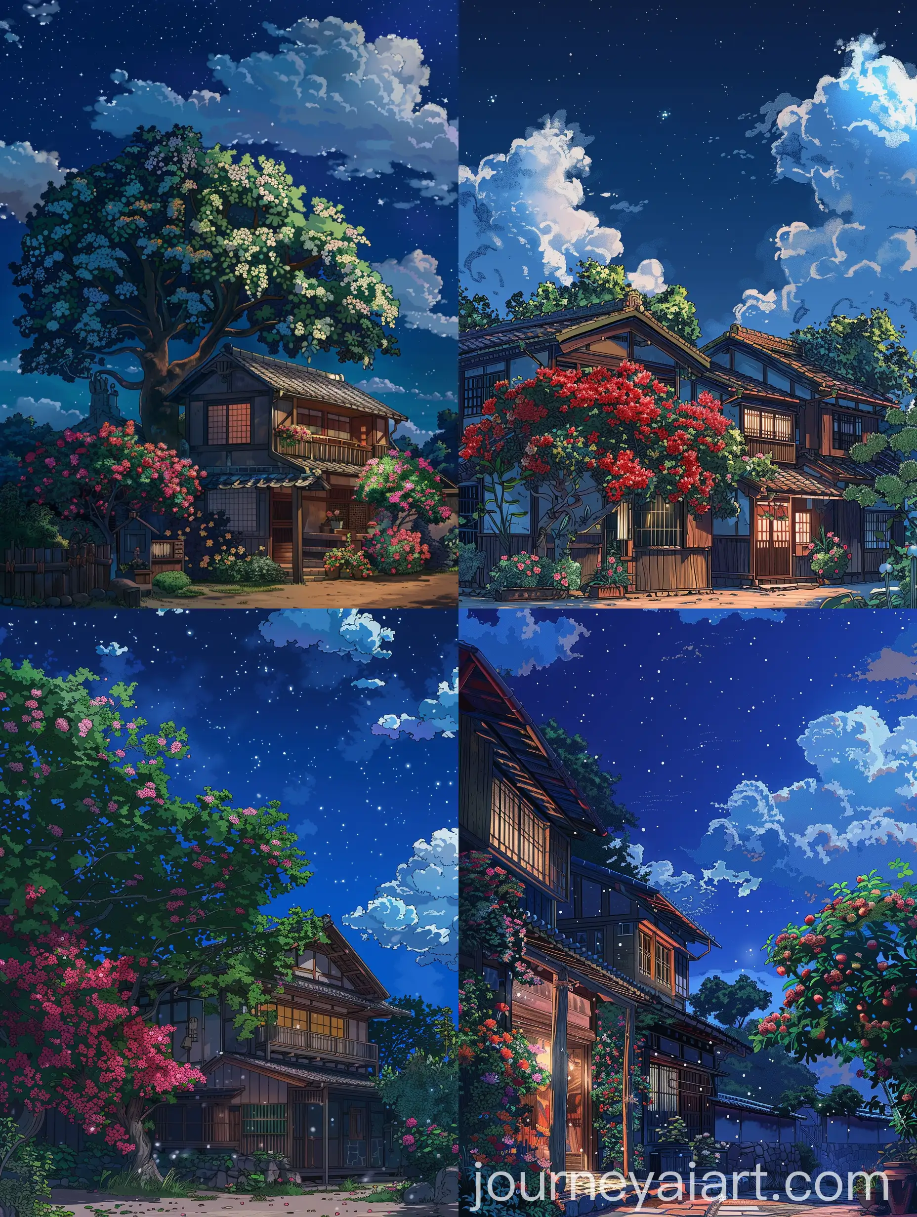 Digital-Drawing-of-Tranquil-Double-Story-Village-House-at-Night-with-Flower-Tree