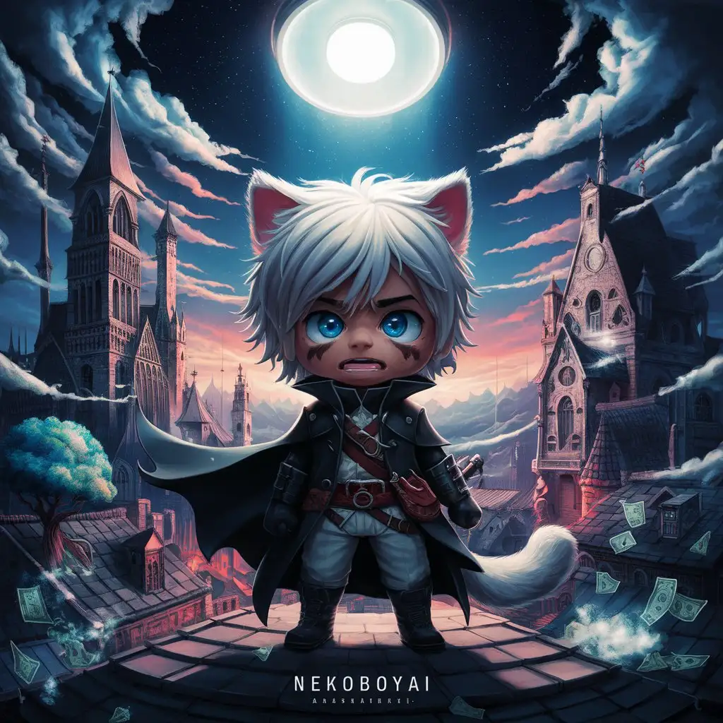 text:NekoboyAI, 
A boy {{{chibi}}}, black coat, cloak, and hat, blue eyes, with white hair, cat ears, and a tail stands on the rooftop, reminiscent of Assassin's Creed art. He wears a black cloak   {{{{oekaki, impressionism, fantastical}}}, dynamic, landscape, {{shine}}, starry sky, huge light, {{fear}}, colorful highlights, selfishness, fear, sunrise, gothic style, medieval, {{fantasy style}}, high-tech, architecture, anime, American style style, money, banknotes, {{Five-point perspective}}, color bounce, color reflection, color coverage, full of sense of technology, like, wide-angle lens, face close-up, character zoom, sitting on the roof, looking down from all angles, strong highlights, strong colors, unrestrained Colors, free movement, hope, cold air, tree of life, Oil paint strokes, artist:krenz
