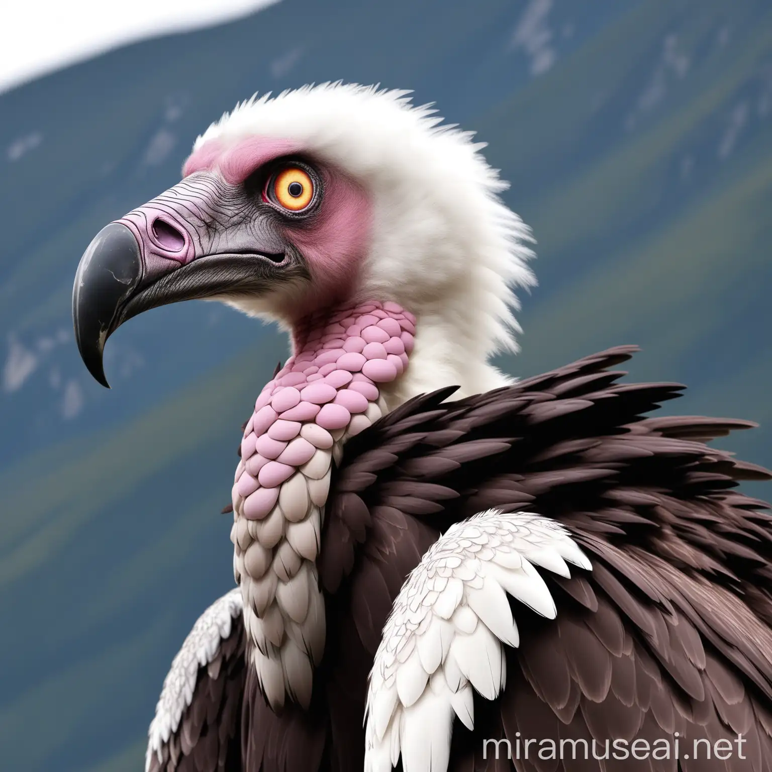 An alpine vulture with beady eyes.