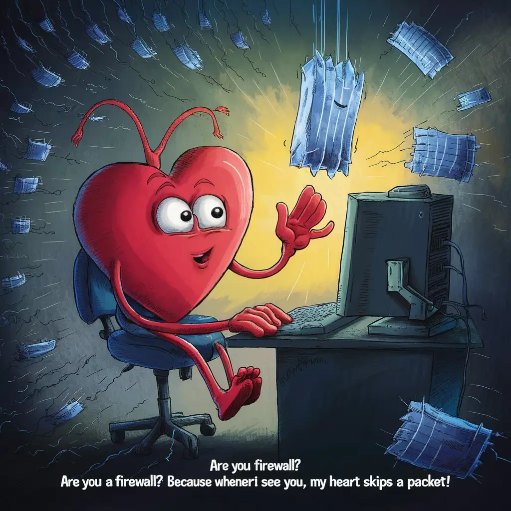 Imagine a cartoon heart with arms and legs sitting at a computer desk, looking flustered as it watches packets of data flying over its head, with one packet frozen in mid-air and the heart’s eyes following it with an expression of surprise and affection. The caption reads: ‘Are you a firewall? Because whenever I see you, my heart skips a packet!’ It’s a playful take on the technical jargon of networking with a romantic twist. 😄