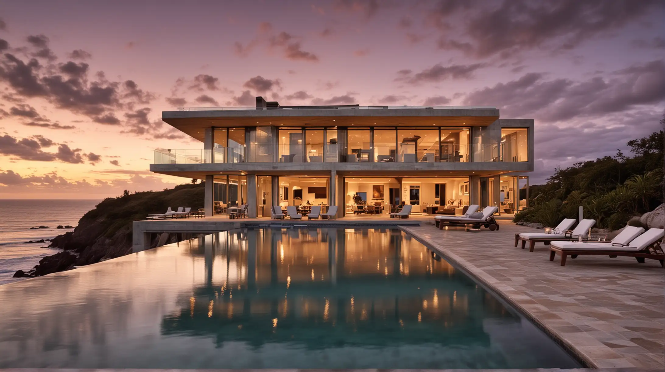 I would like to get a picture of an ocean front contemporary vacation home with an infinity pool and stunning outside living area at sunset.