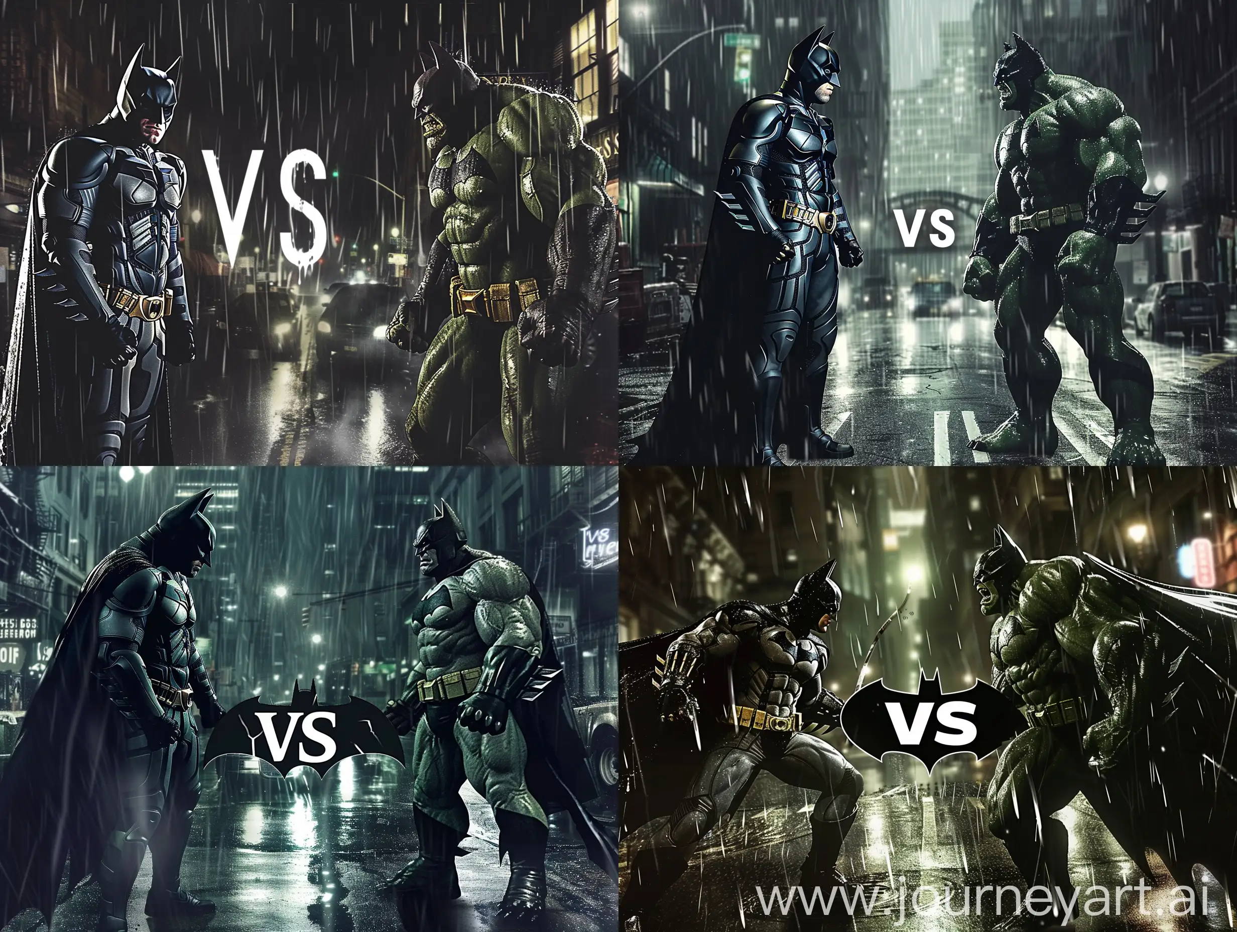 Batman and HULK facing off in a dark street, rain pouring down between them "vs" is prominently displayed in white and BLACK, cinematic, product