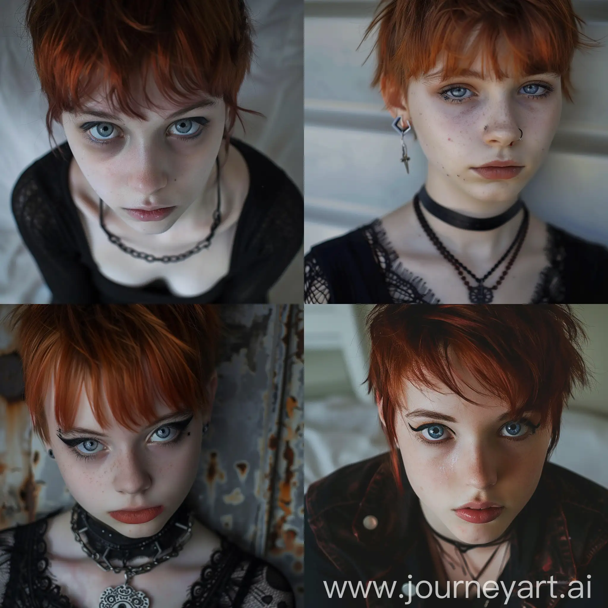 16 year old girl, goth, pixie cut, red hair, icy blue eyes