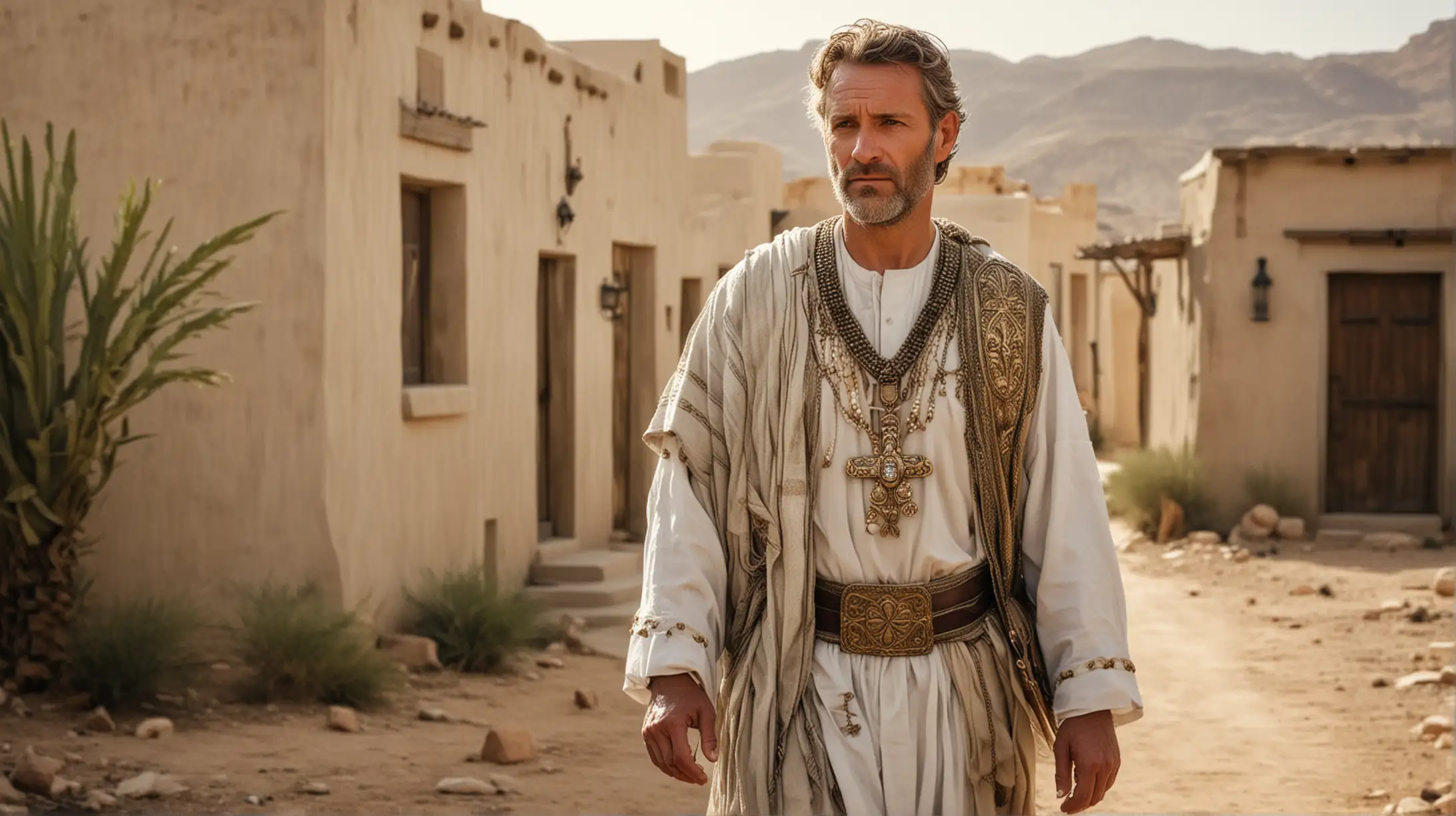 A handsome middle aged man, wearing the Holy garments for the levitical priesthood, with breastplate, and ephod. set in a small desert  village scene, Set during the Era of the Biblical Moses.