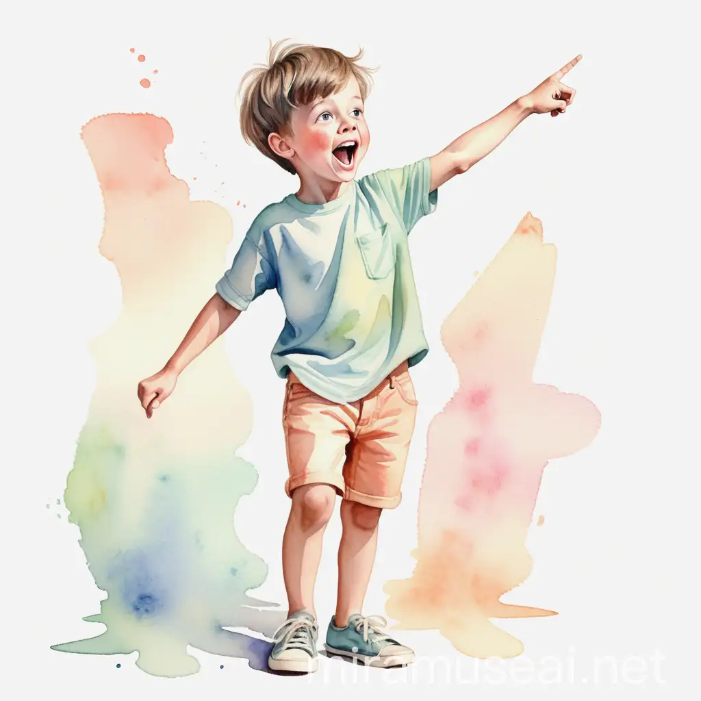 Whimsical pastel watercolor full body illustration excited young boy pointing