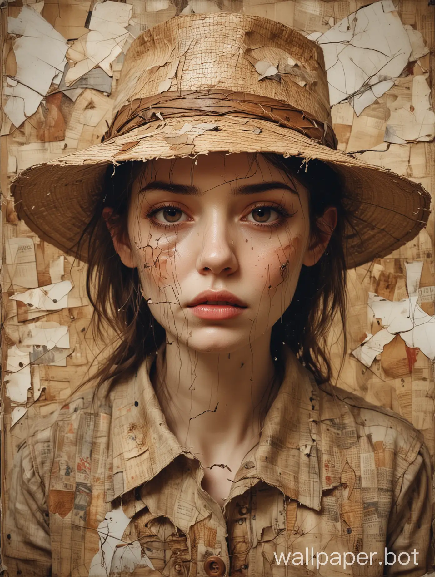on a battered aged canvas with cracks and deep scratches, double exposure, collage in mixed media, patchwork, Anika HENSEN with exaggerated facial features in the style of Mark Ryden, clean skin, in a straw hat and matching clothes, brown eyes with a sharp look, detailed textures, artistic dynamic pose, grace, atmosphere, clear focus, image clarity, 4K, transparency, surreal oil painting, splashes of paint combined with carefully drawn fine lines and details in the style of Ralph Steadman, ArtStation