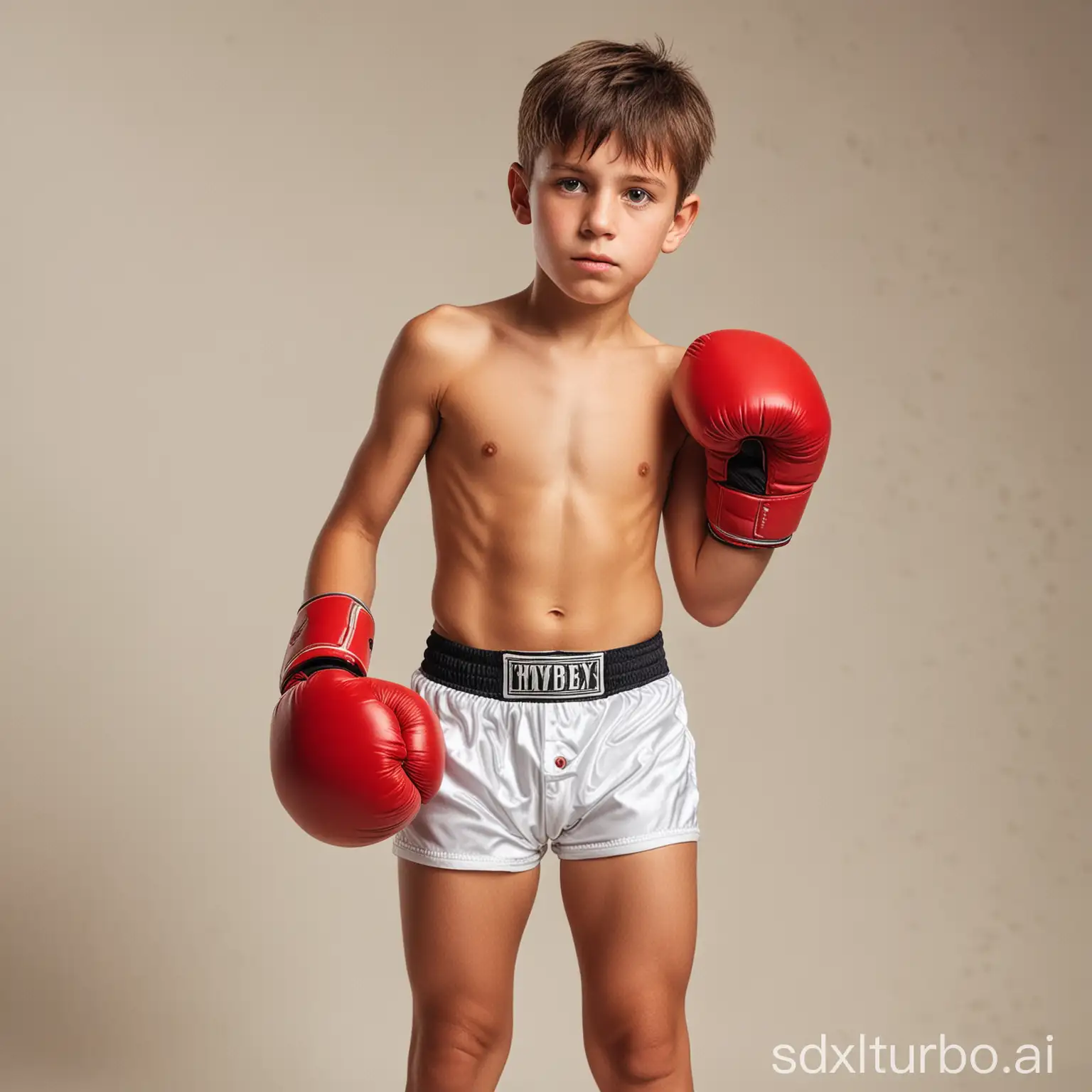 young shirtless boy wearing plain white trunks and big boxing gloves