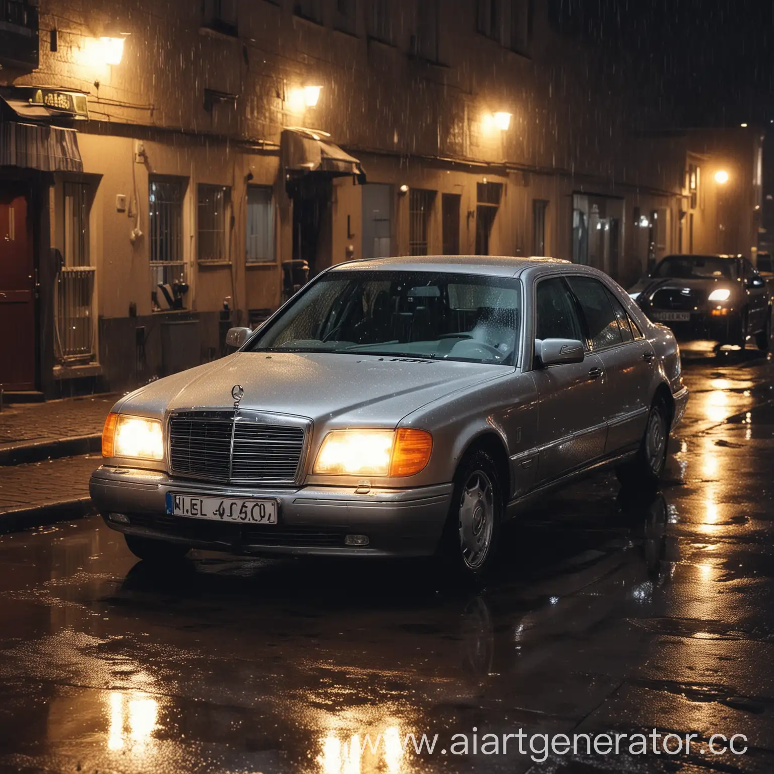Mersedes-Benz W140 S600 на парковке под фонарем ночью под дождем