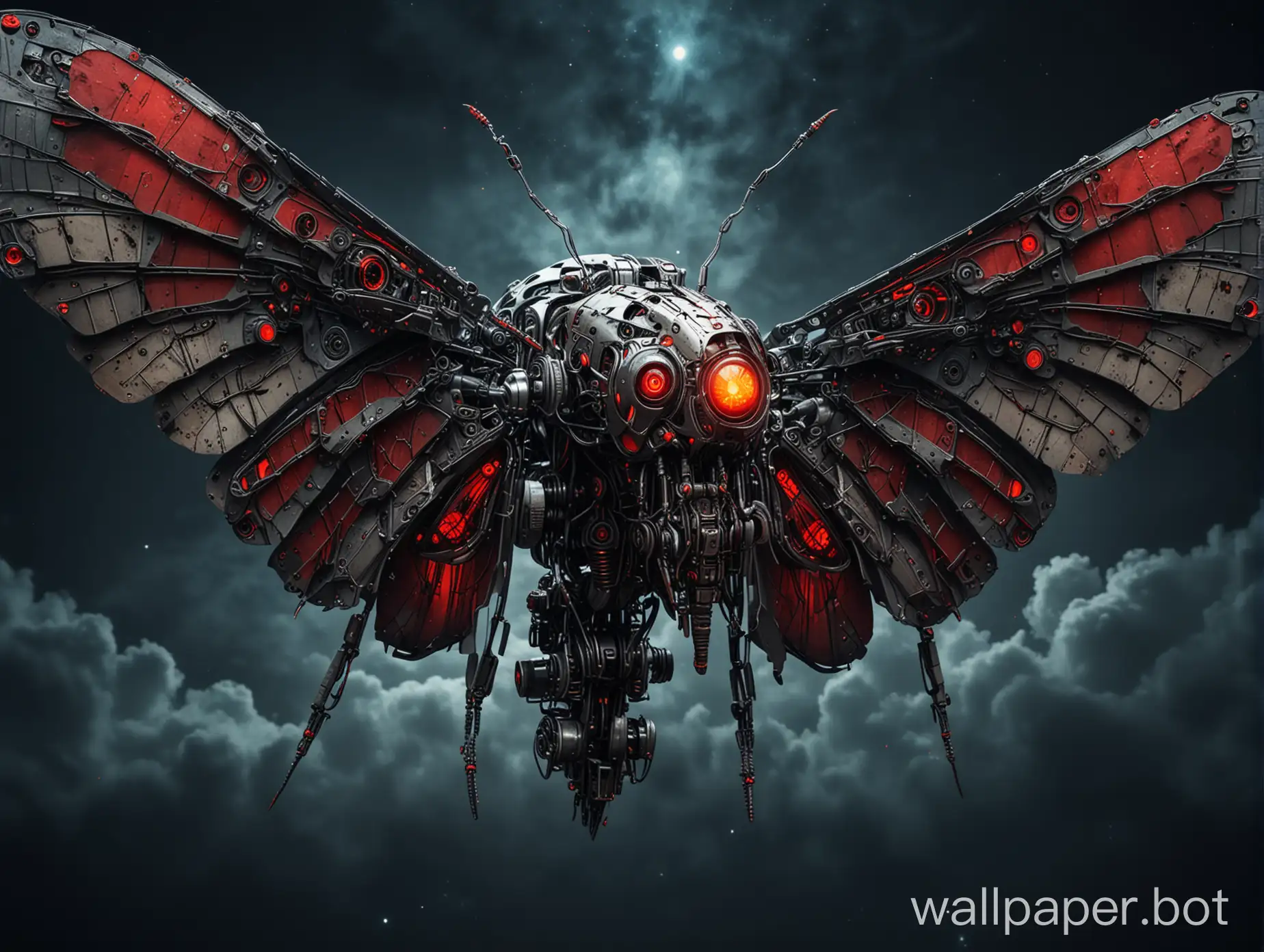 Mechanical robot moth with big wings, red eyes flying on night sky in cyberpunk style, dark background
