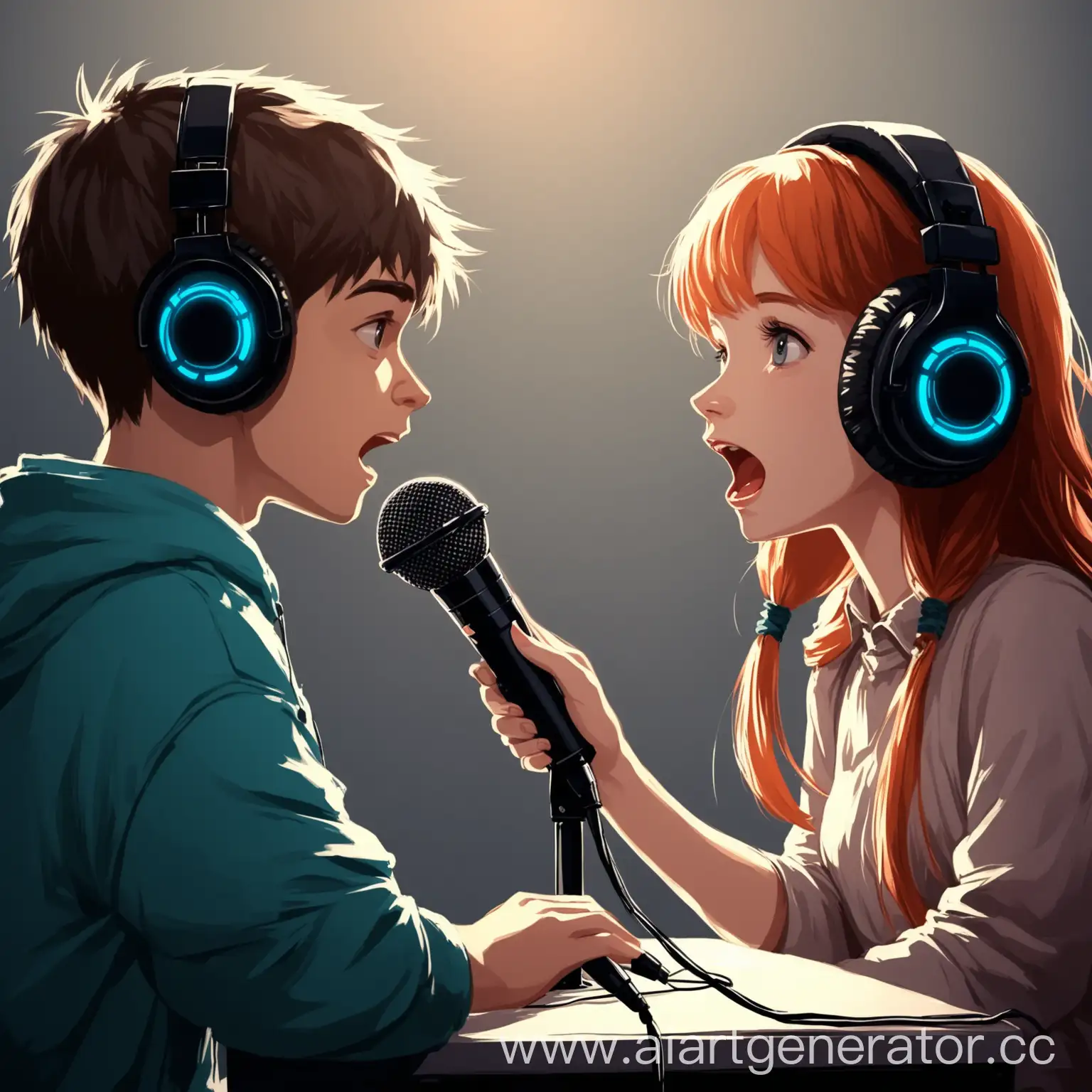 Арт девушка в наушниках и парень общаются при помощи одного микрофона