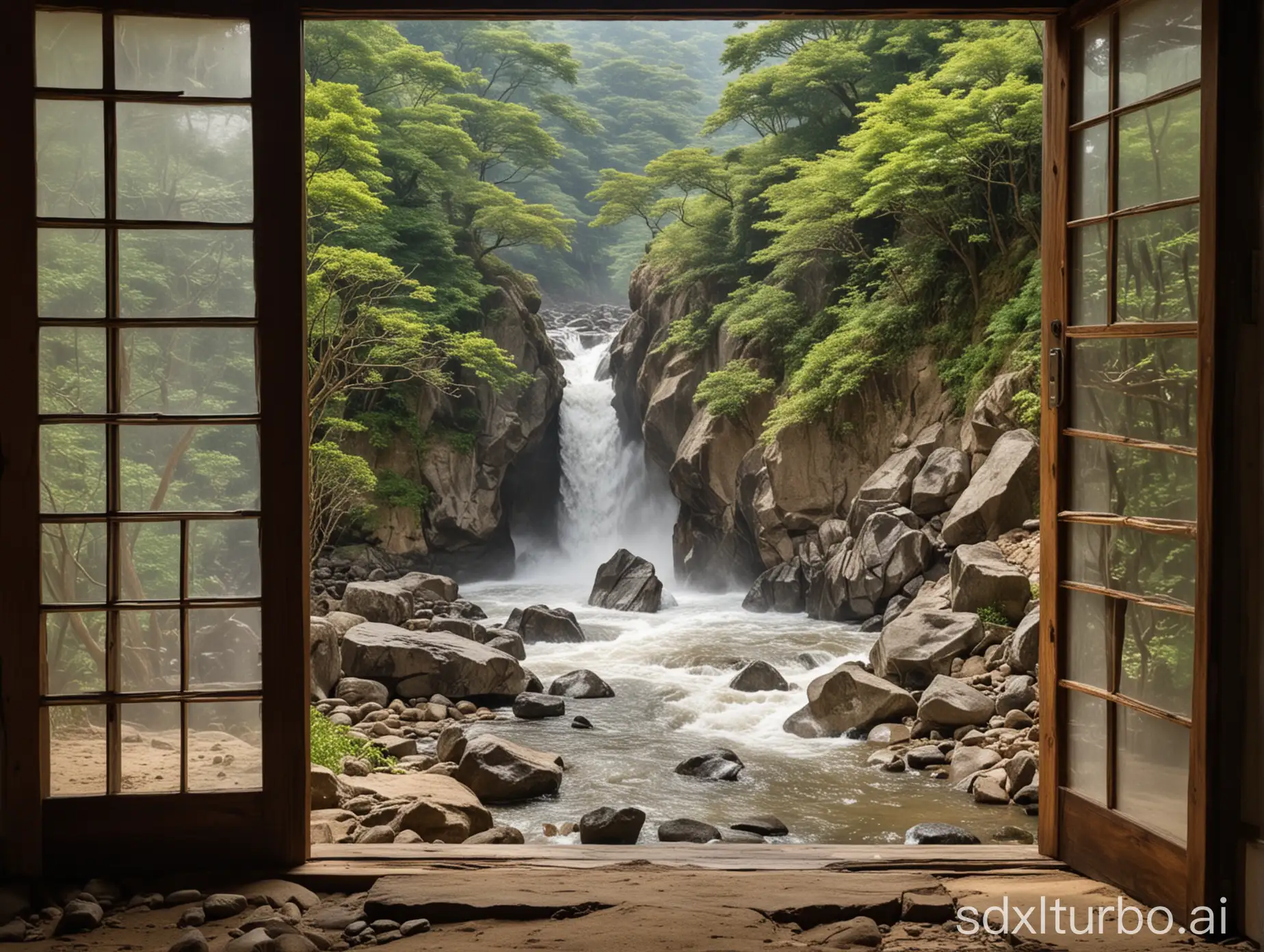 Inside of a Japanese roykan on Miyajimi island viewing in background through open door a beautiful rushing mountain stream crashing down a steep riverbed