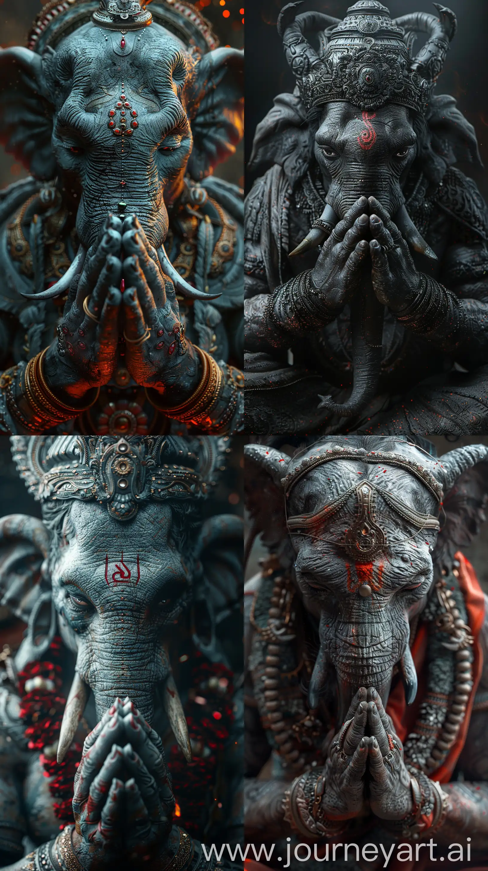 Ancient Indian demon with an elephant head, bowing down with eyes closed and hands joined, close-up, highly detailed, high-resolution, inspired by Hindu mythology, dramatic chiaroscuro lighting, invoking a sense of awe and terror --s 300 --ar 9:16 --v 6