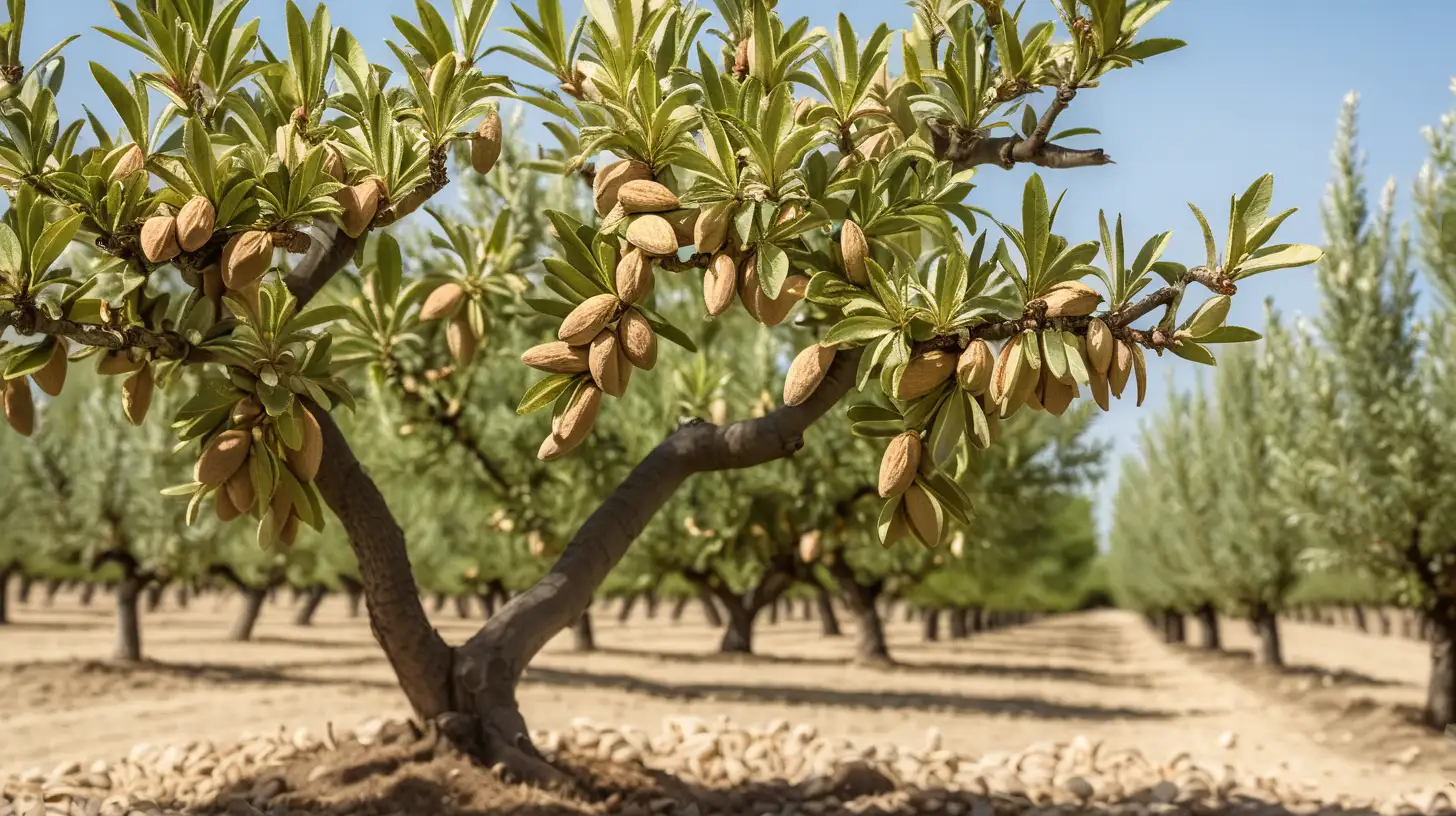 biblical era, a young almond tree of 3 years old with almonds on the tree, in an orchard, in the middle of summer