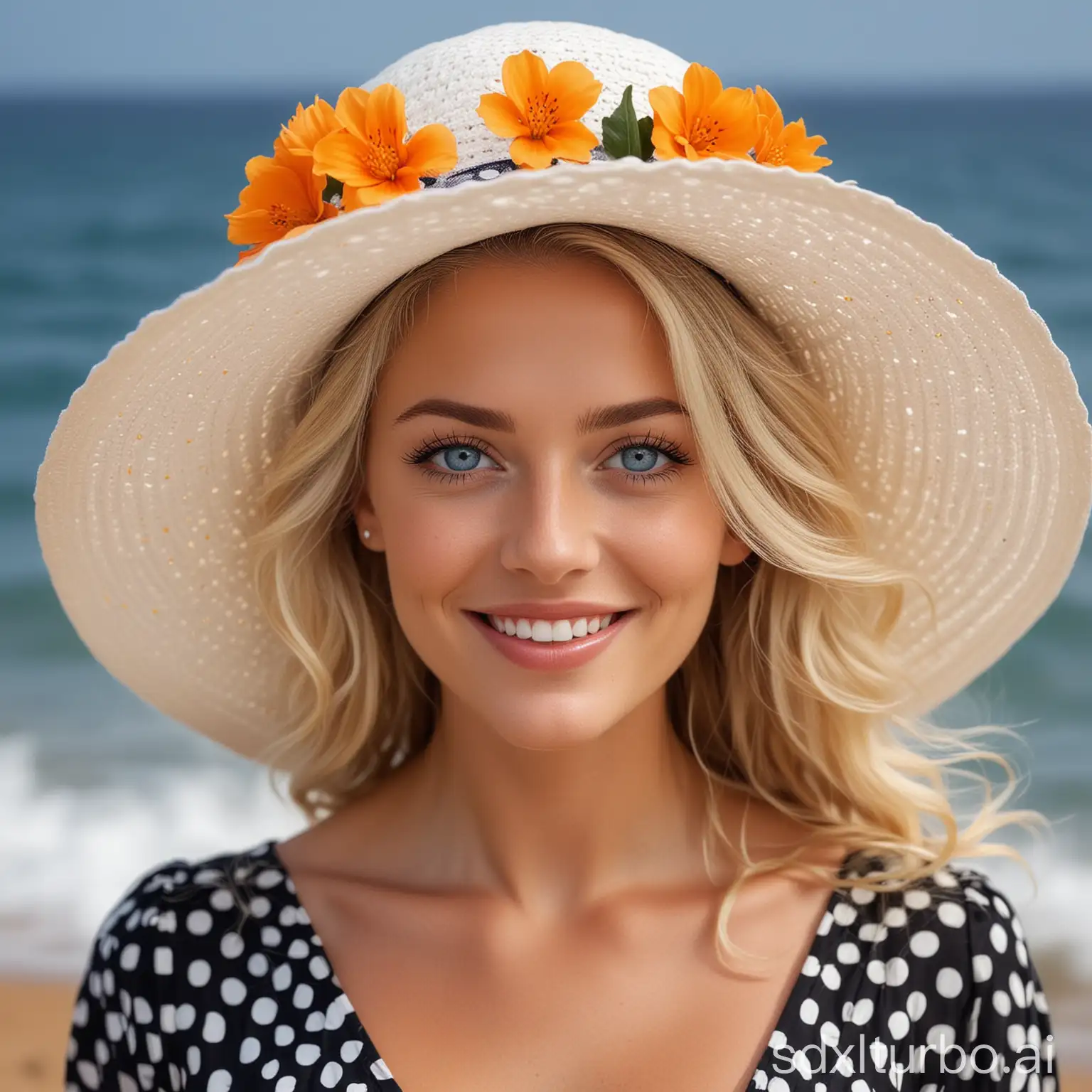 Radiant-Woman-with-Blue-Eyes-in-Polka-Dot-Dress-Vibrant-Portrait-in-the-Red-Sea