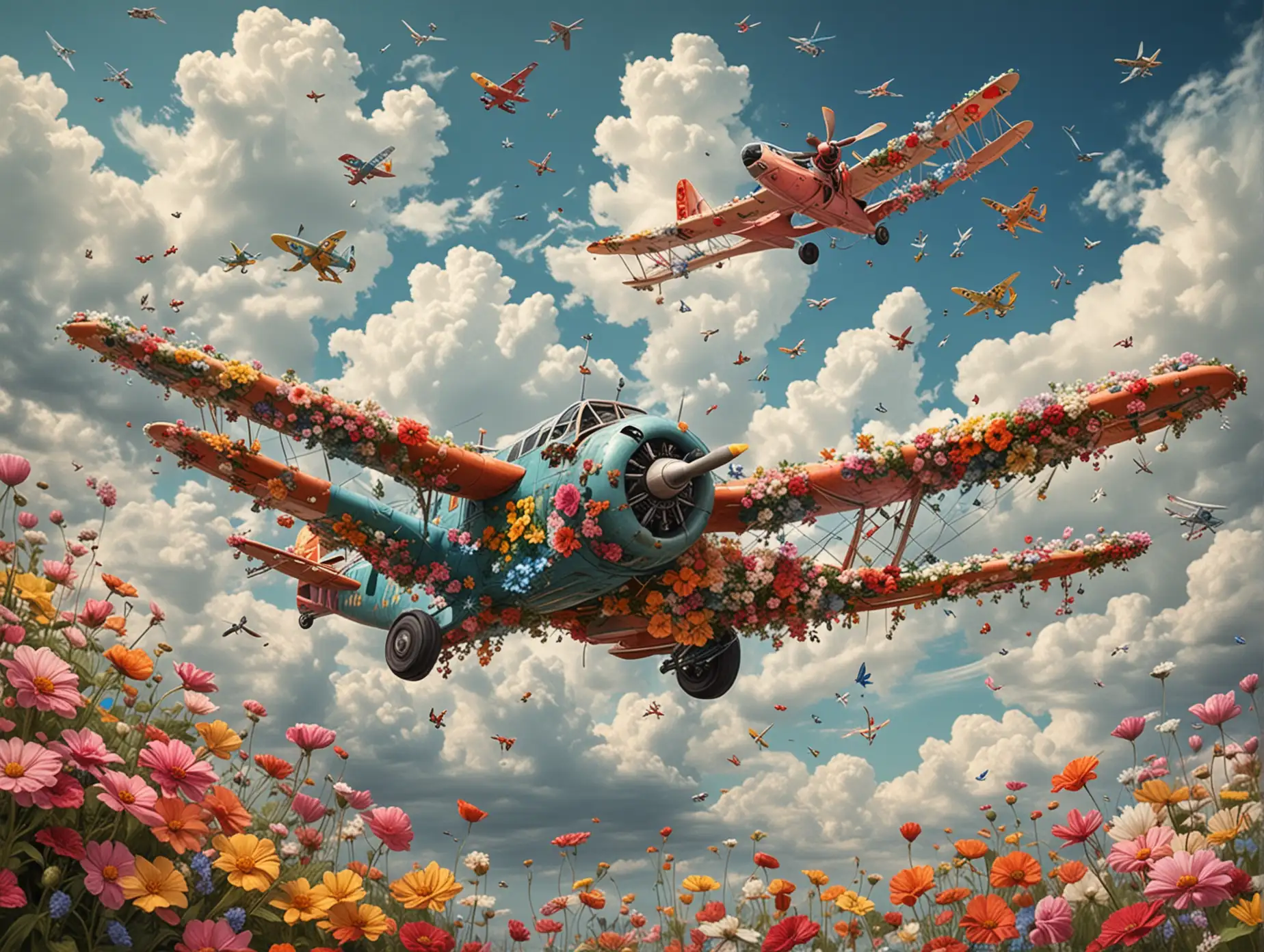 Colorful Whimsical Airplanes Flying in a Sky Full of Flowers