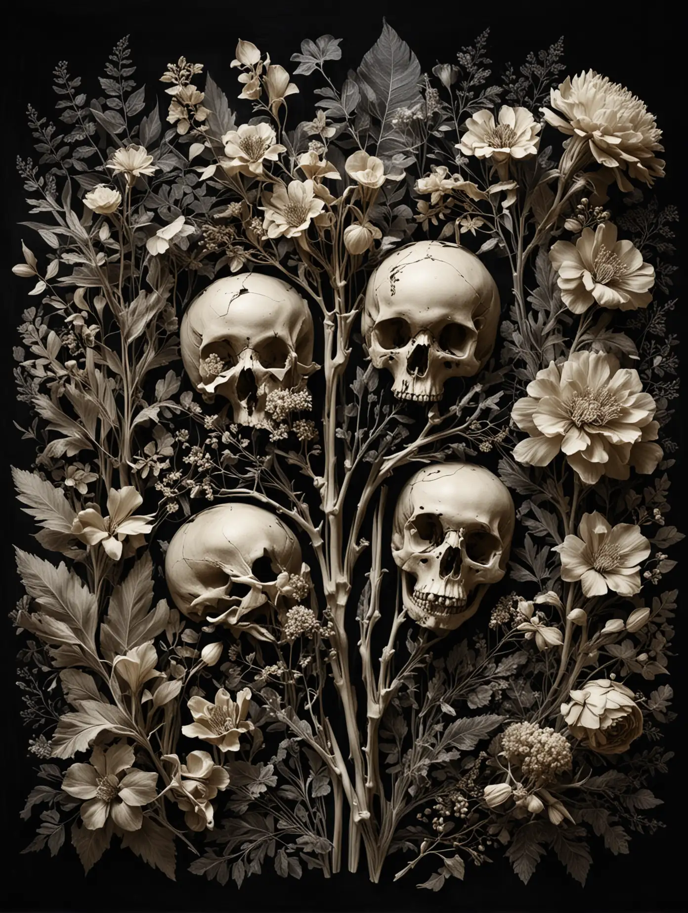композиция , цветы -  сделанных из костей, проявленных через рентген. темный фон, реалистичность