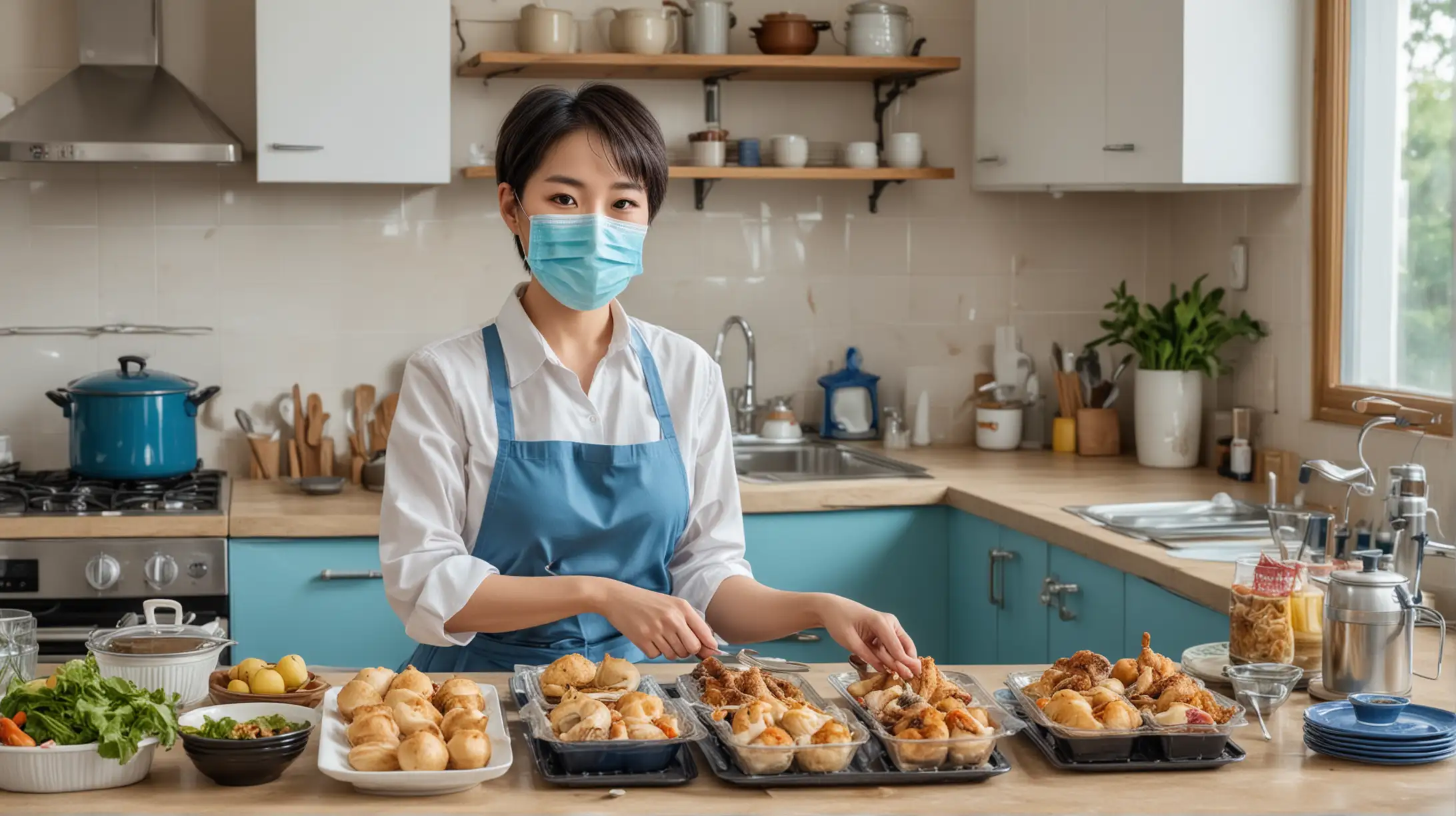 一位中国女家政工人，短发，戴着餐饮透明口罩，远景拍摄她微笑着做饭，穿着湖蓝色围裙，桌上有丰盛的菜品。她的姿势暗示着幸福。背景是厨房
